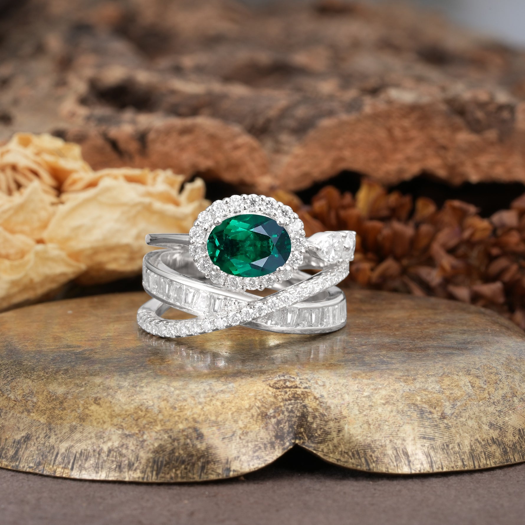 Vintage-Luxury Entwined 4-Prong Oval Cut Emerald Engagement Ring - Additional view