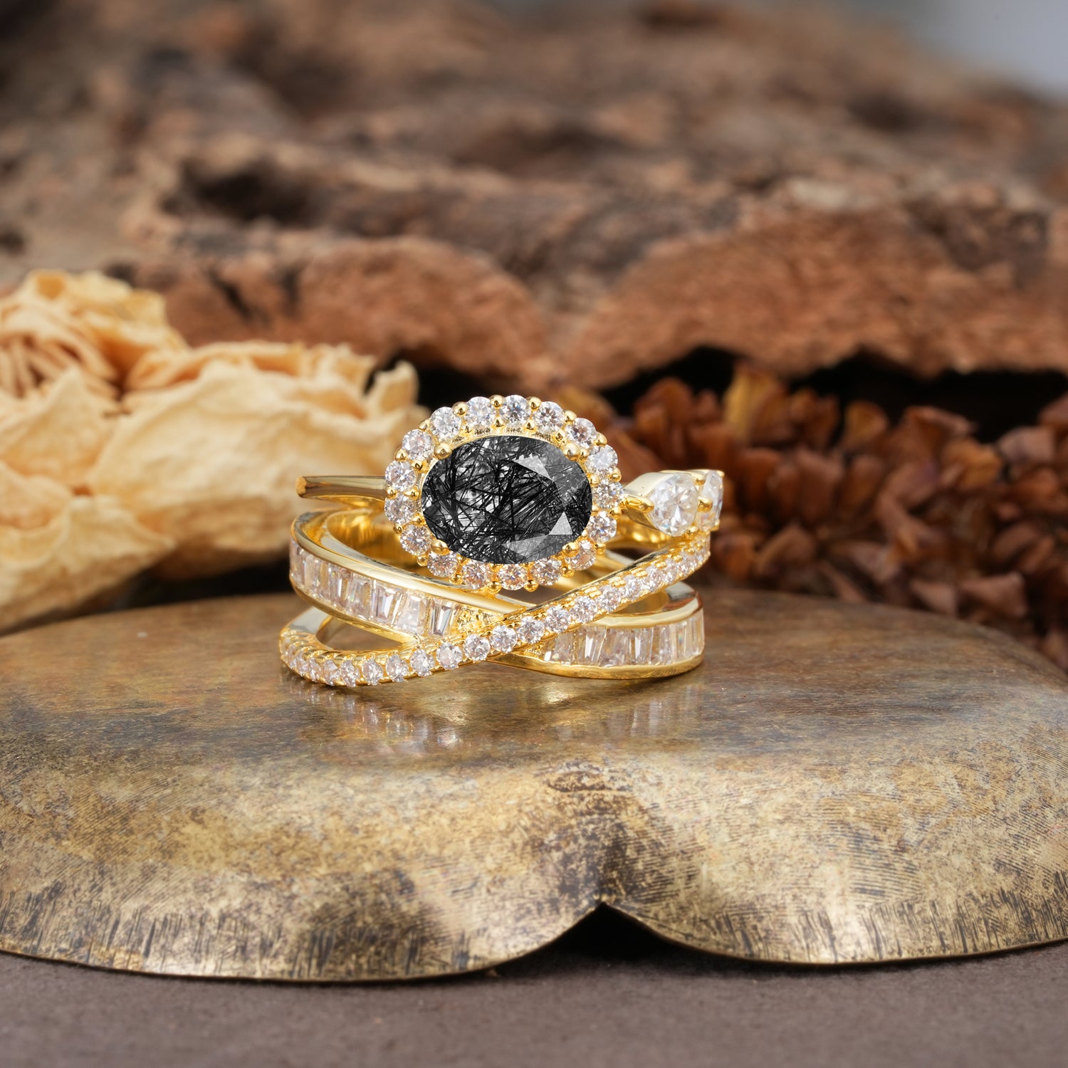 Vintage-Luxury Entwined 4-Prong Oval Cut Black Rutilated Quartz Engagement Ring