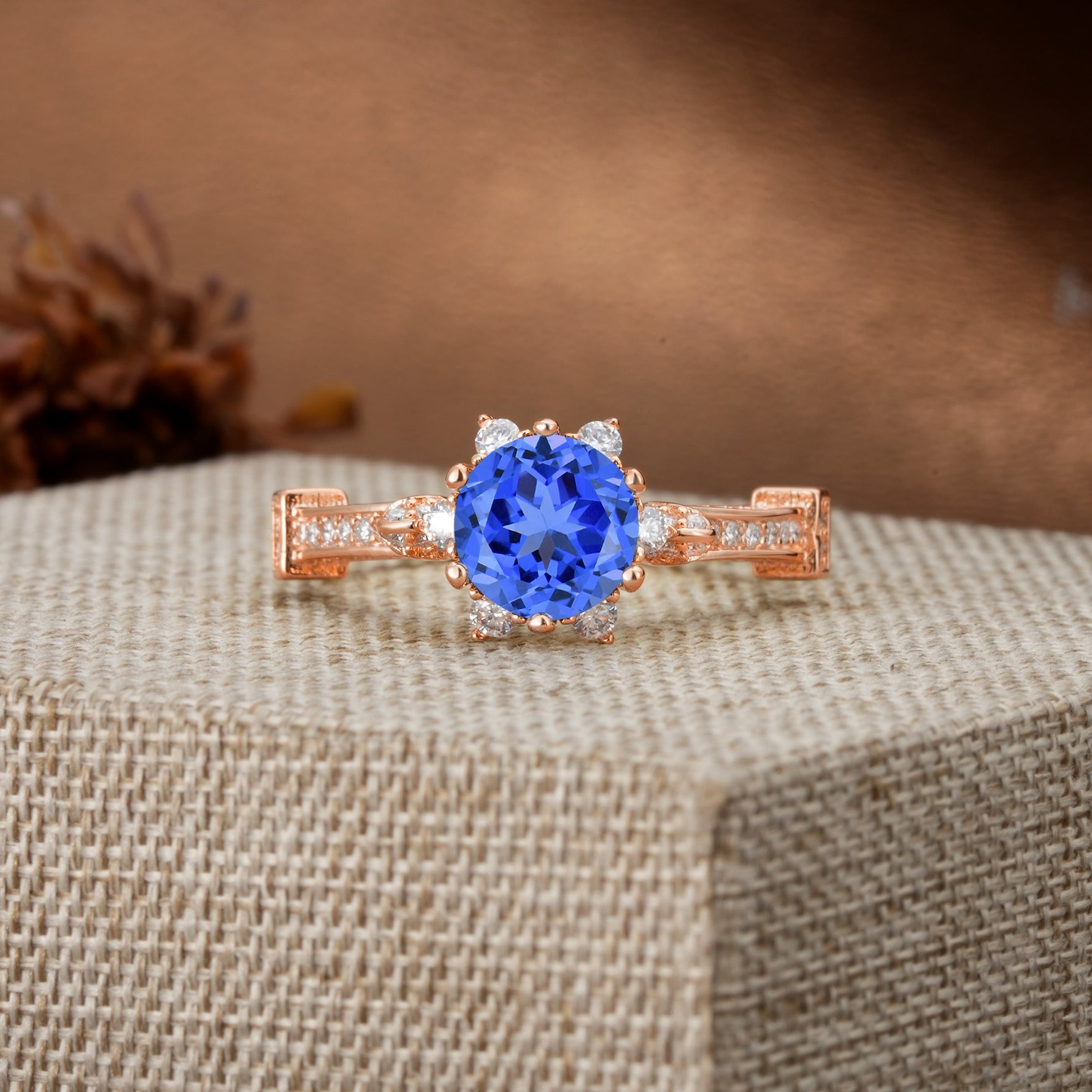 Unique, Classic, and Vintage Pavé 6-Prong Round Cut Sapphire Engagement Ring - Additional view