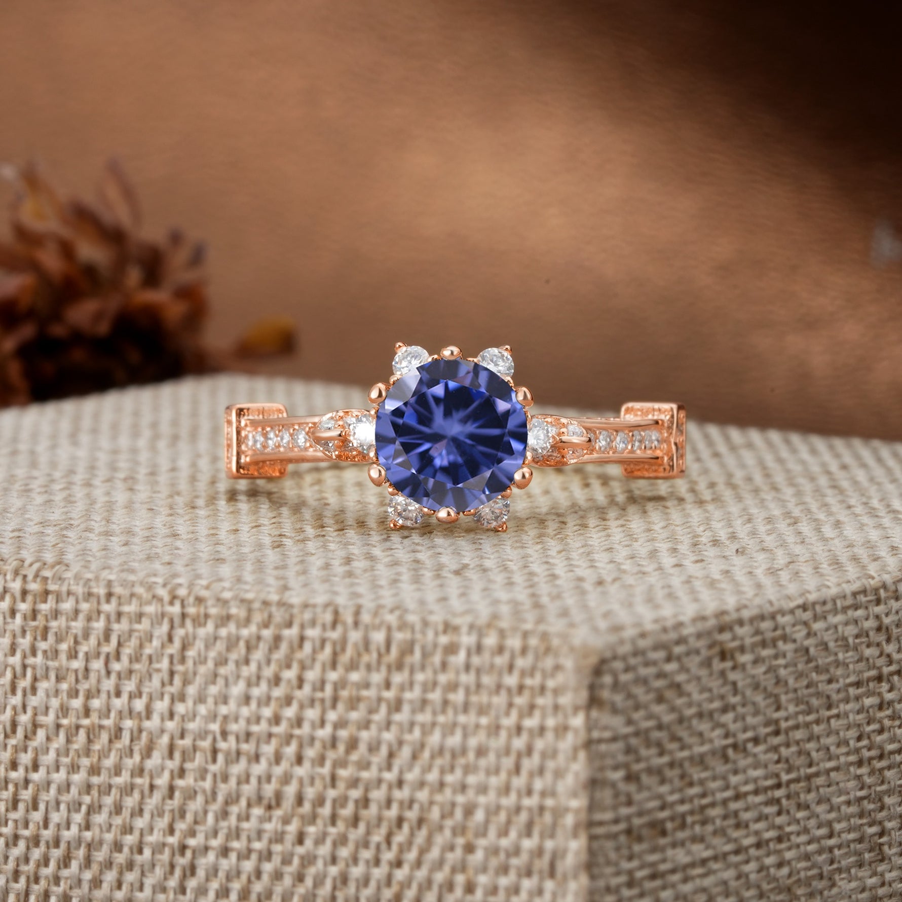 Unique, Classic, and Vintage Pavé 6-Prong Round Cut Tanzanite Engagement Ring - Additional view
