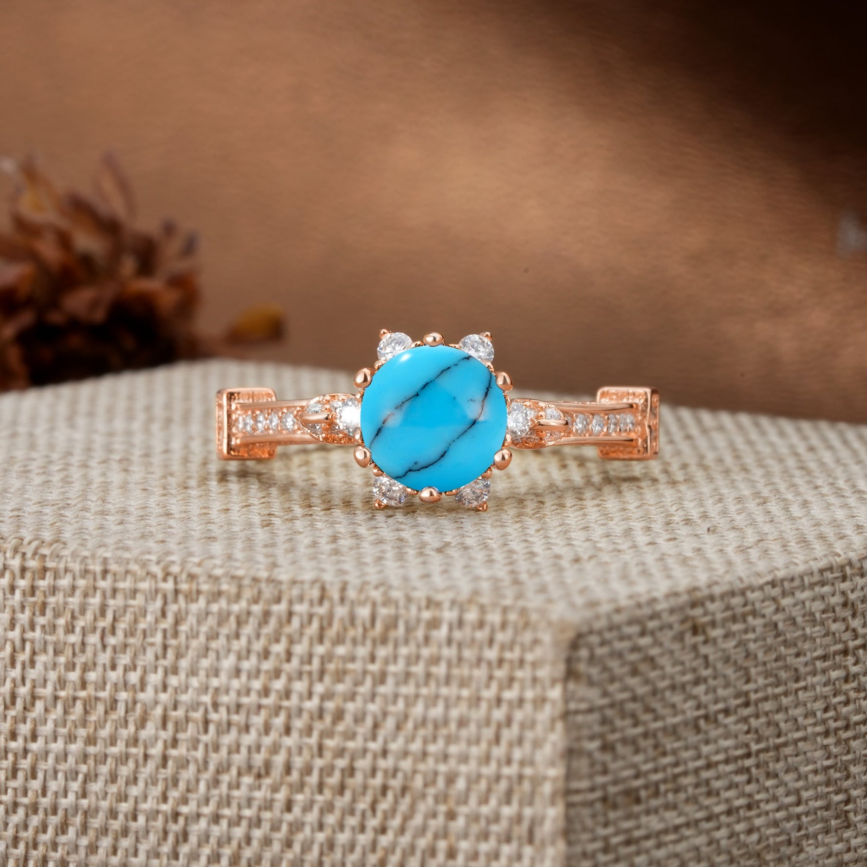 Unique, Classic, and Vintage Pavé 6-Prong Round Cut Turquoise Engagement Ring - Additional view