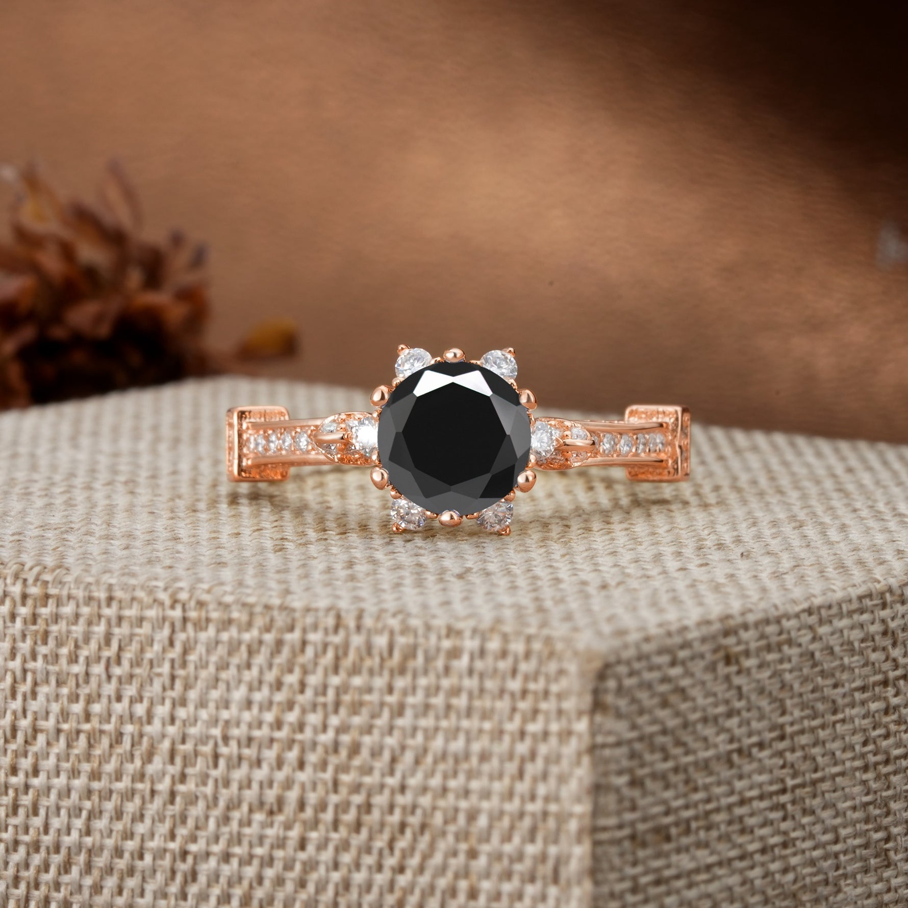 Unique, Classic, and Vintage Pavé 6-Prong Round Cut Black Onyx Engagement Ring - Additional view