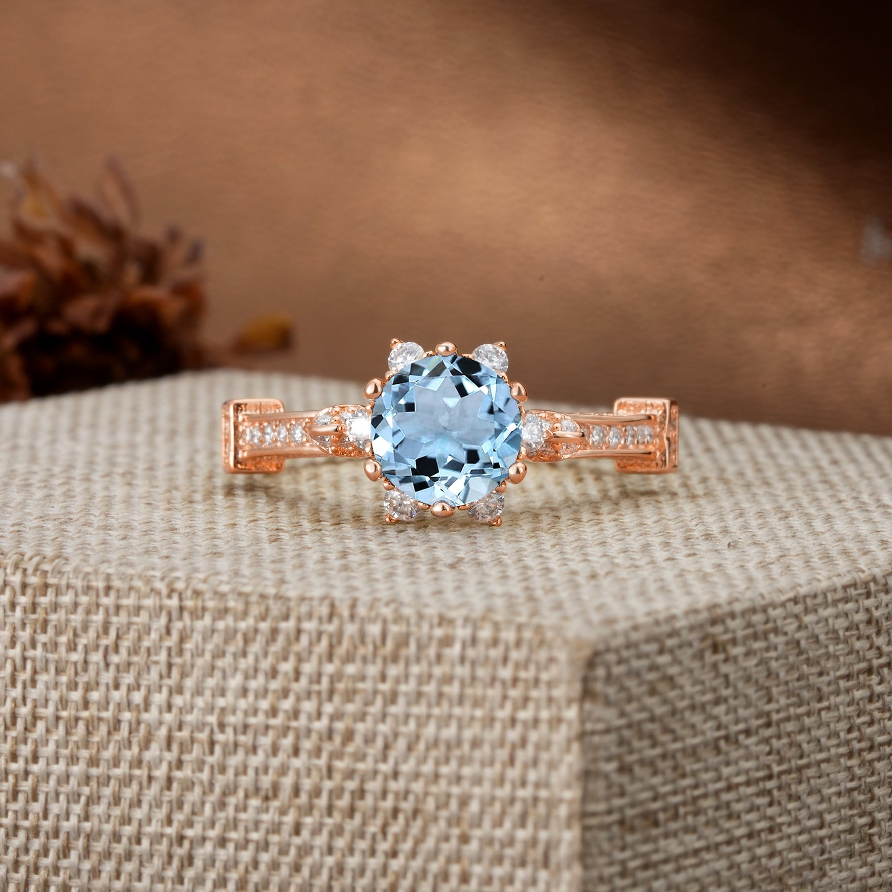 Unique, Classic, and Vintage Pavé 6-Prong Round Cut Aquamarine Engagement Ring - Additional view