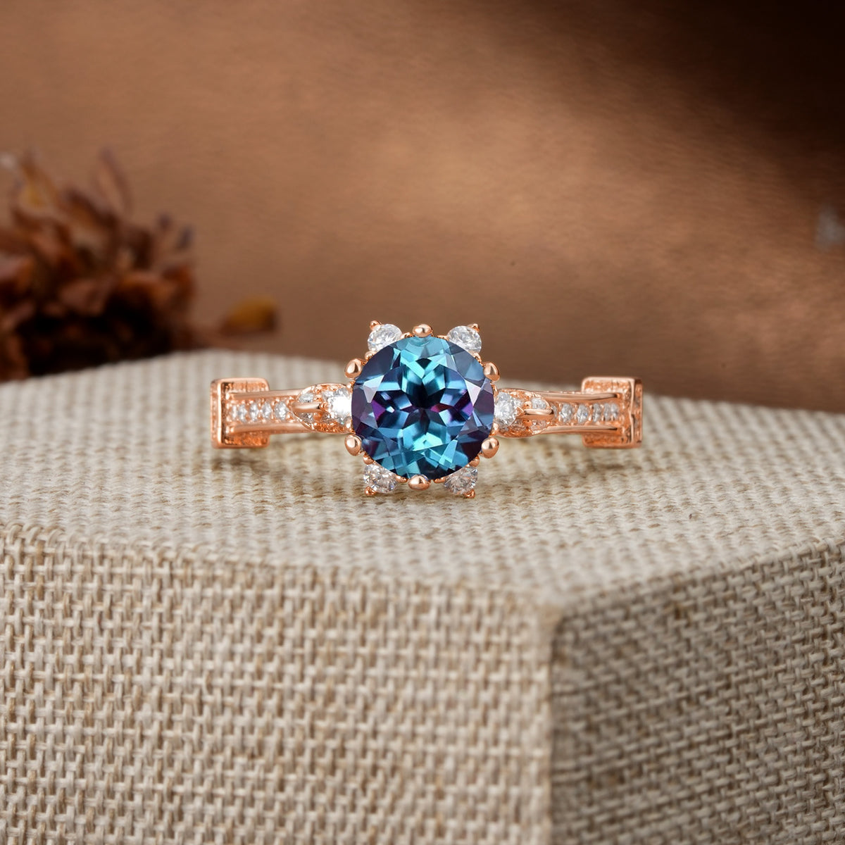 Unique, Classic, and Vintage Pavé 6-Prong Round Cut Alexandrite Engagement Ring - Additional view