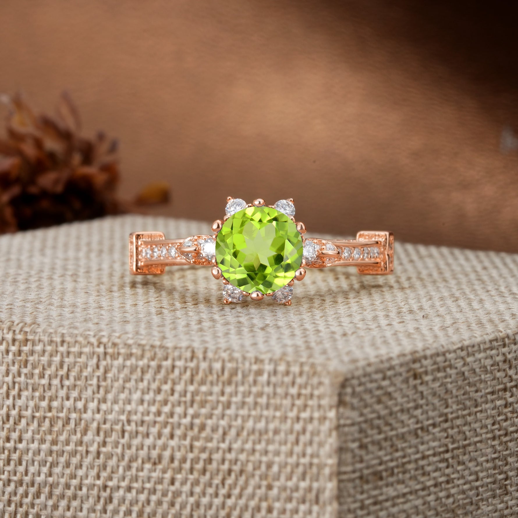 Unique, Classic, and Vintage Pavé 6-Prong Round Cut Peridot Engagement Ring - Additional view