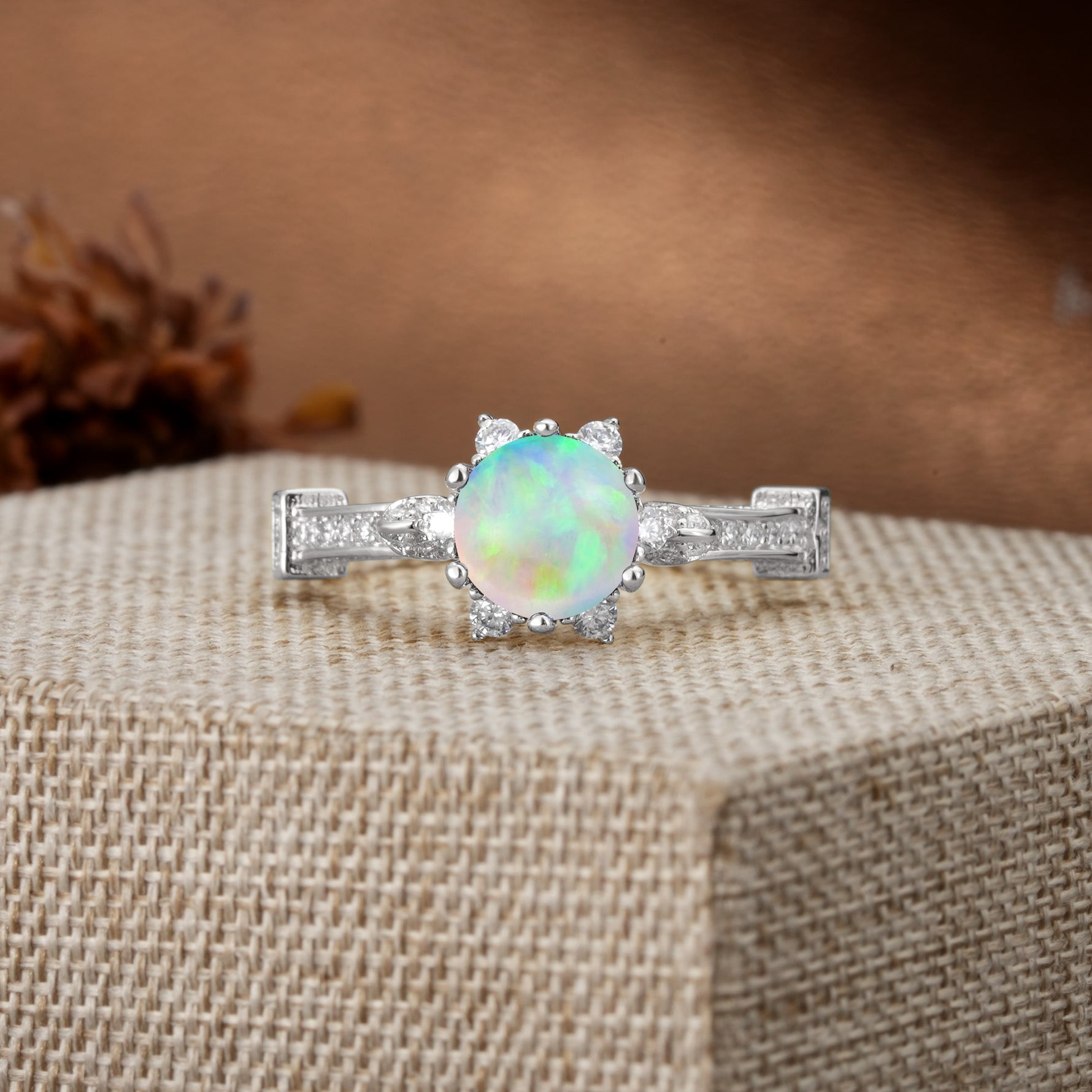 Unique, Classic, and Vintage Pavé 6-Prong Round Cut Fire Opal Engagement Ring - Additional view