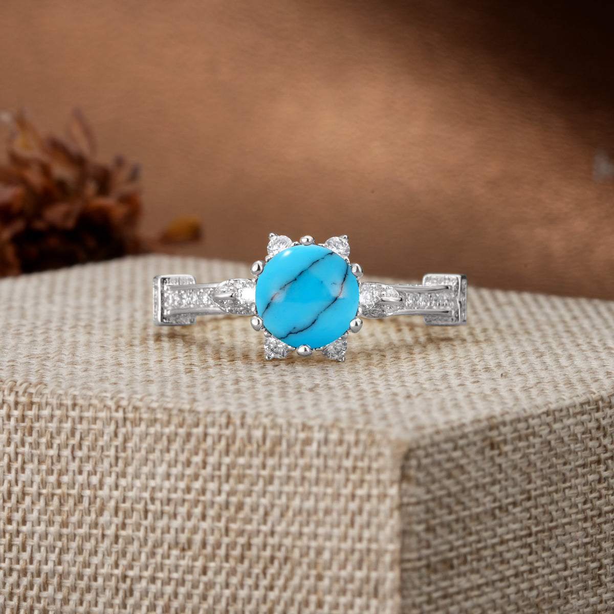 Unique, Classic, and Vintage Pavé 6-Prong Round Cut Turquoise Engagement Ring - Additional view