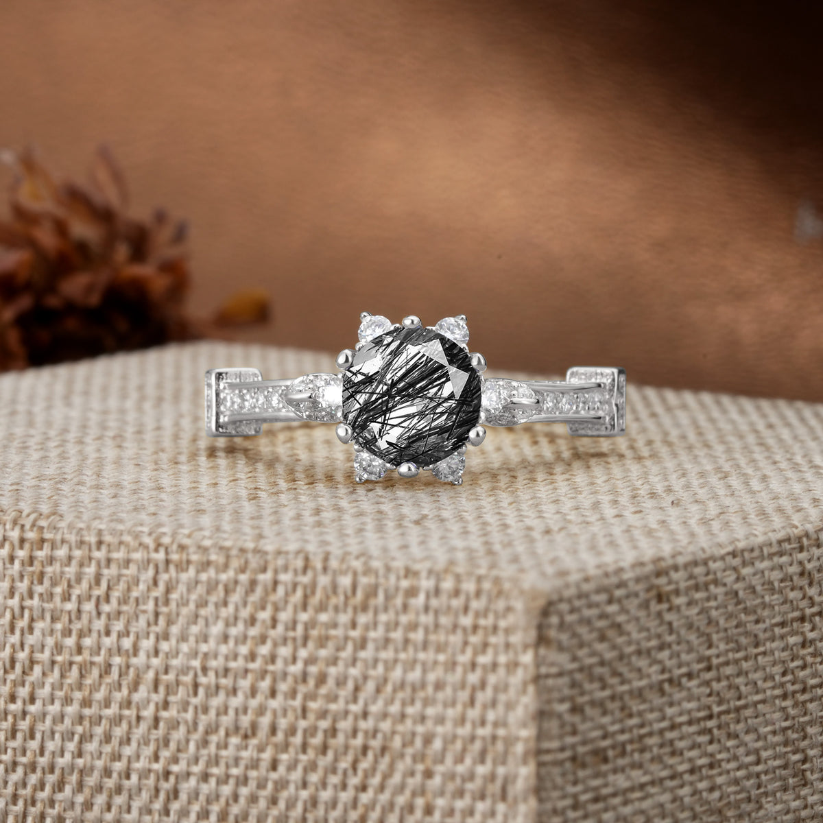 Unique, Classic, and Vintage Pavé 6-Prong Round Cut Black Rutilated Quartz Engagement Ring - Additional view