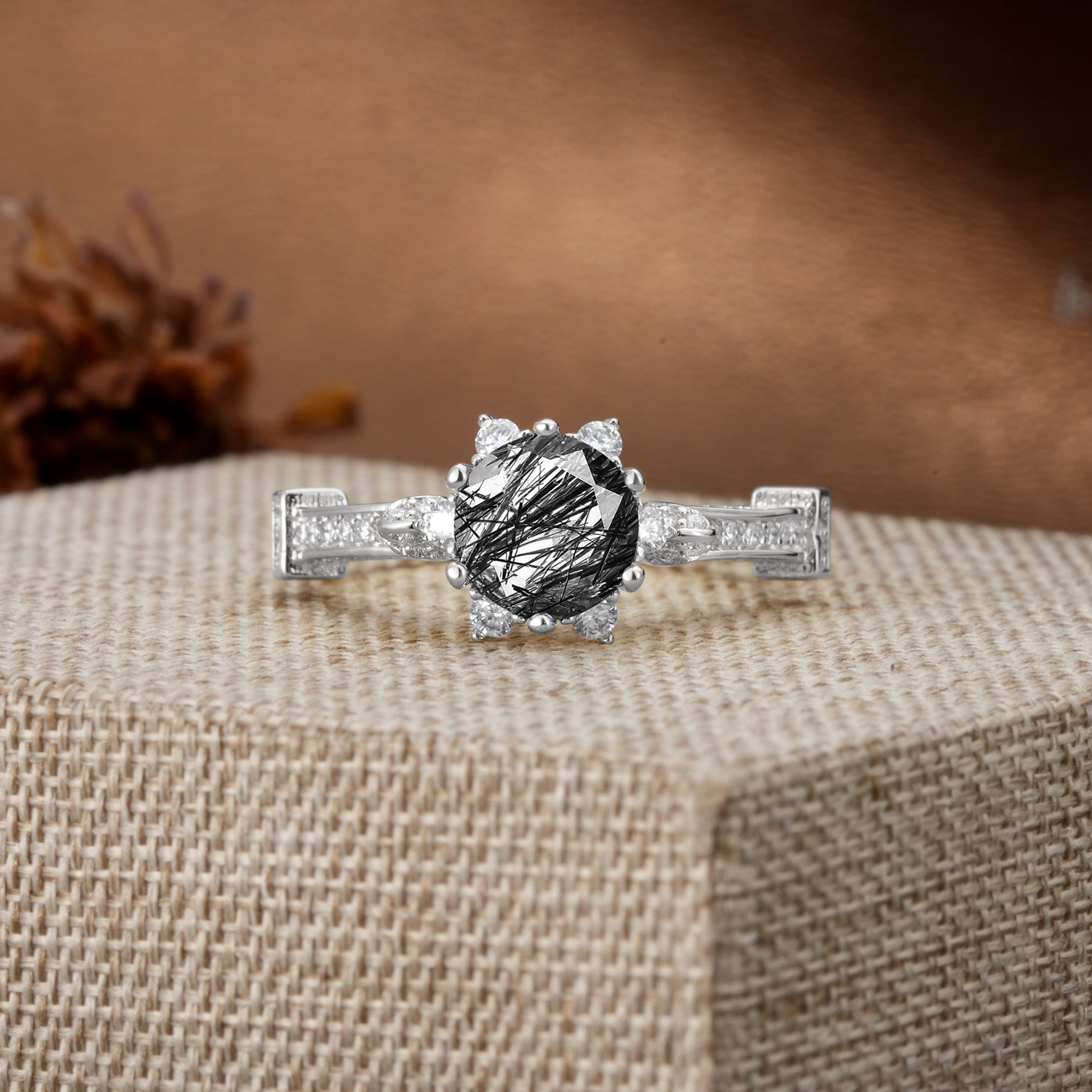Unique, Classic, and Vintage Pavé 6-Prong Round Cut Black Rutilated Quartz Engagement Ring - Additional view