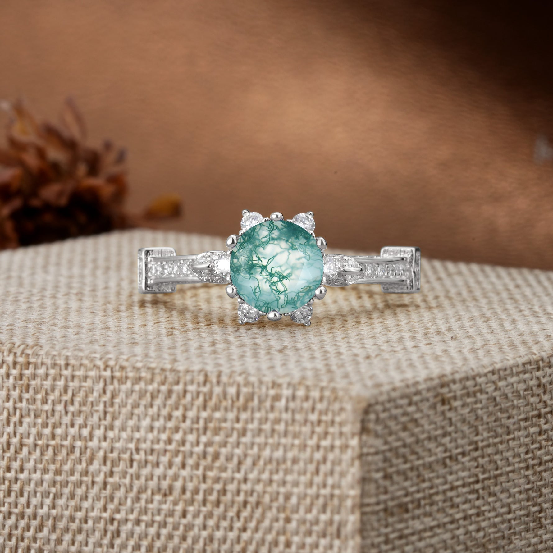 Unique, Classic, and Vintage Pavé 6-Prong Round Cut Moss Agate Engagement Ring - Additional view