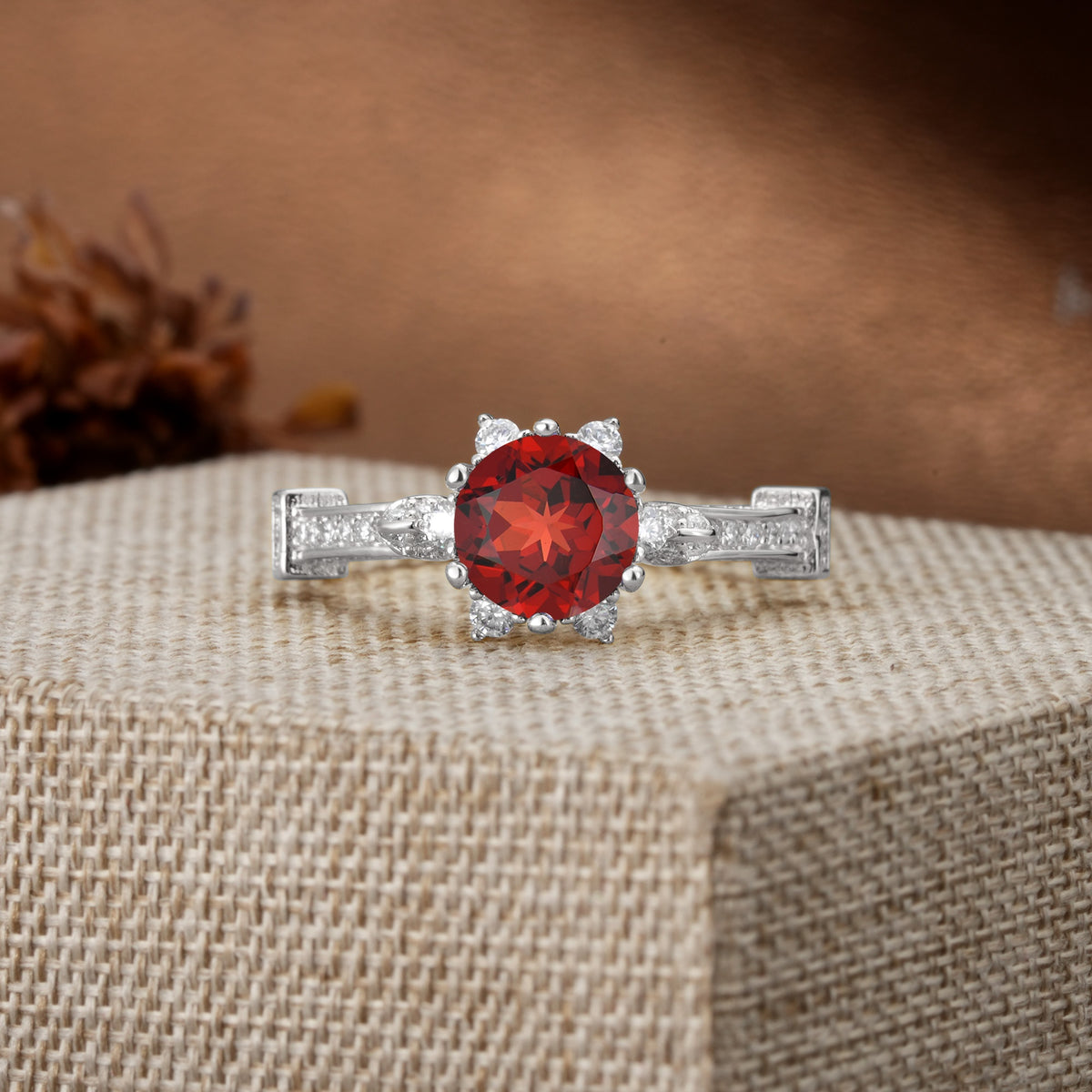 Unique, Classic, and Vintage Pavé 6-Prong Round Cut Garnet Engagement Ring - Additional view
