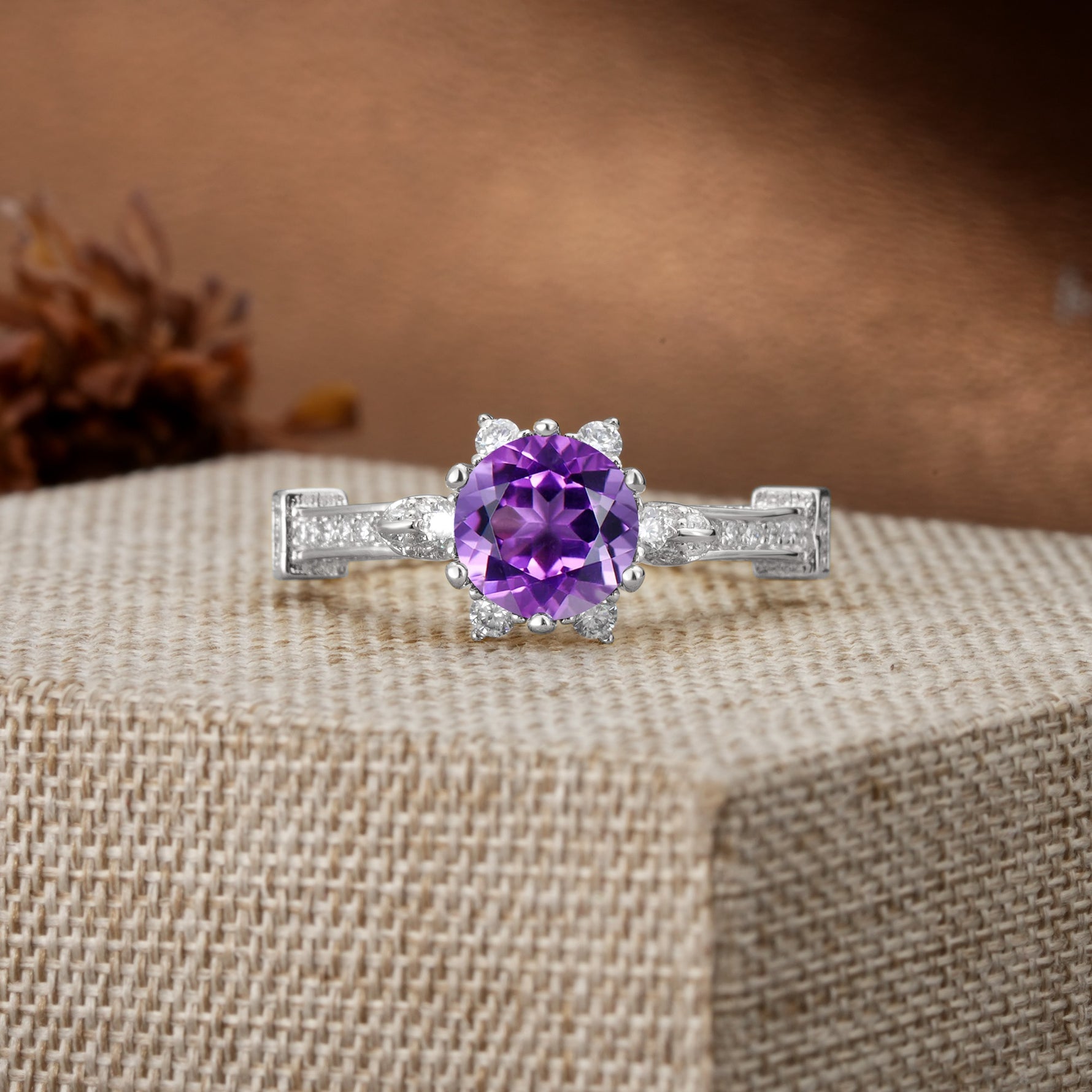 Unique, Classic, and Vintage Pavé 6-Prong Round Cut Amethyst Engagement Ring - Additional view