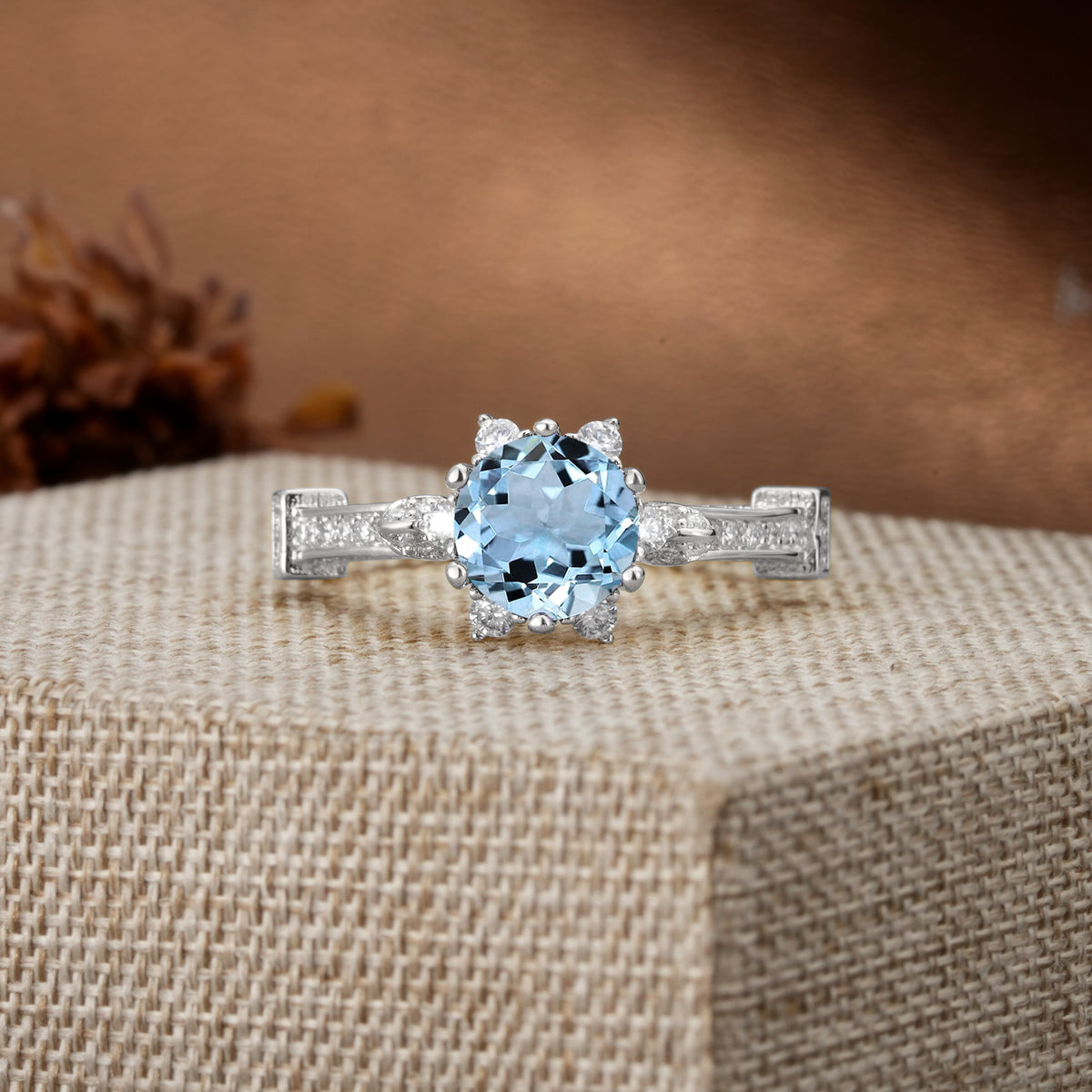 Unique, Classic, and Vintage Pavé 6-Prong Round Cut Aquamarine Engagement Ring - Additional view