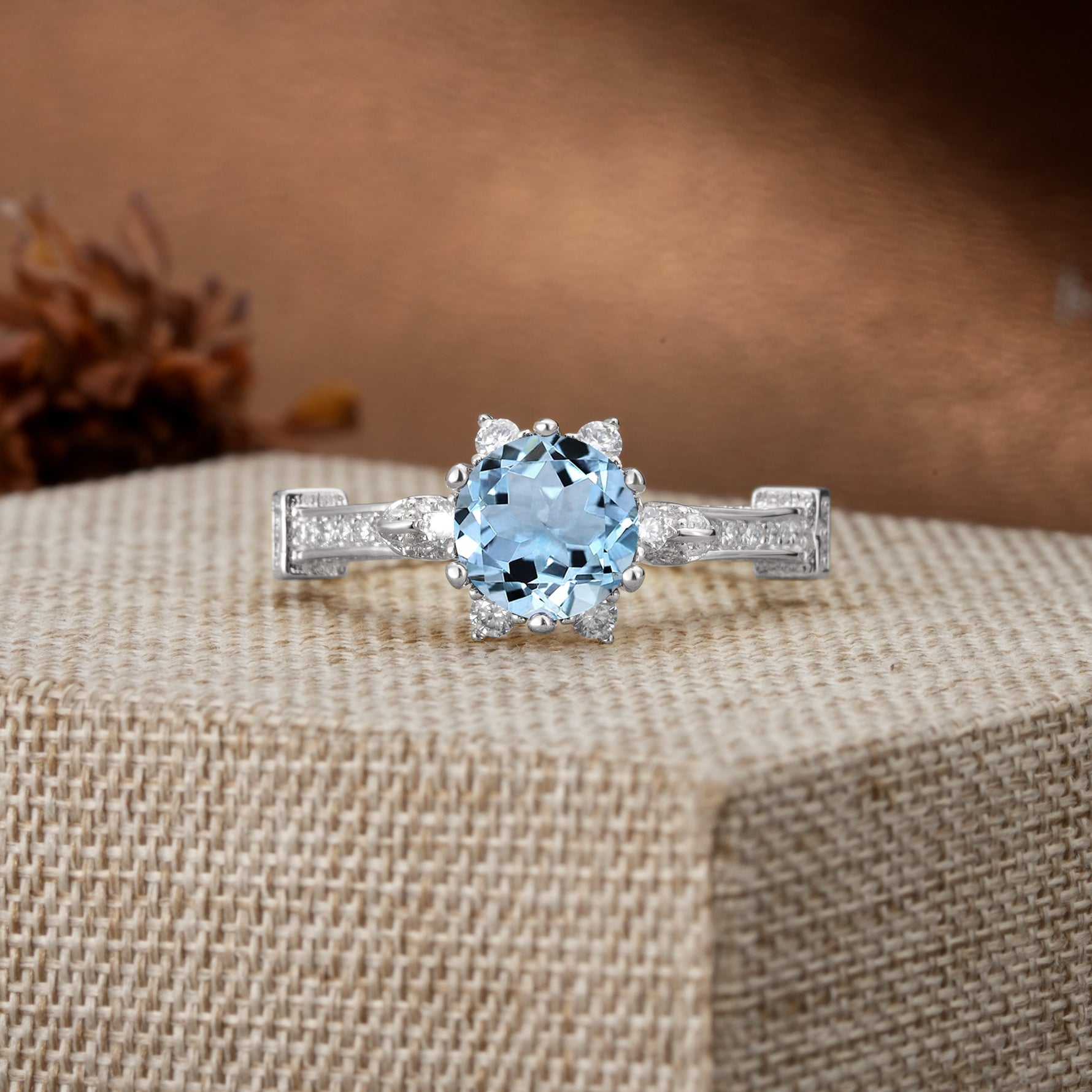 Unique, Classic, and Vintage Pavé 6-Prong Round Cut Aquamarine Engagement Ring - Additional view