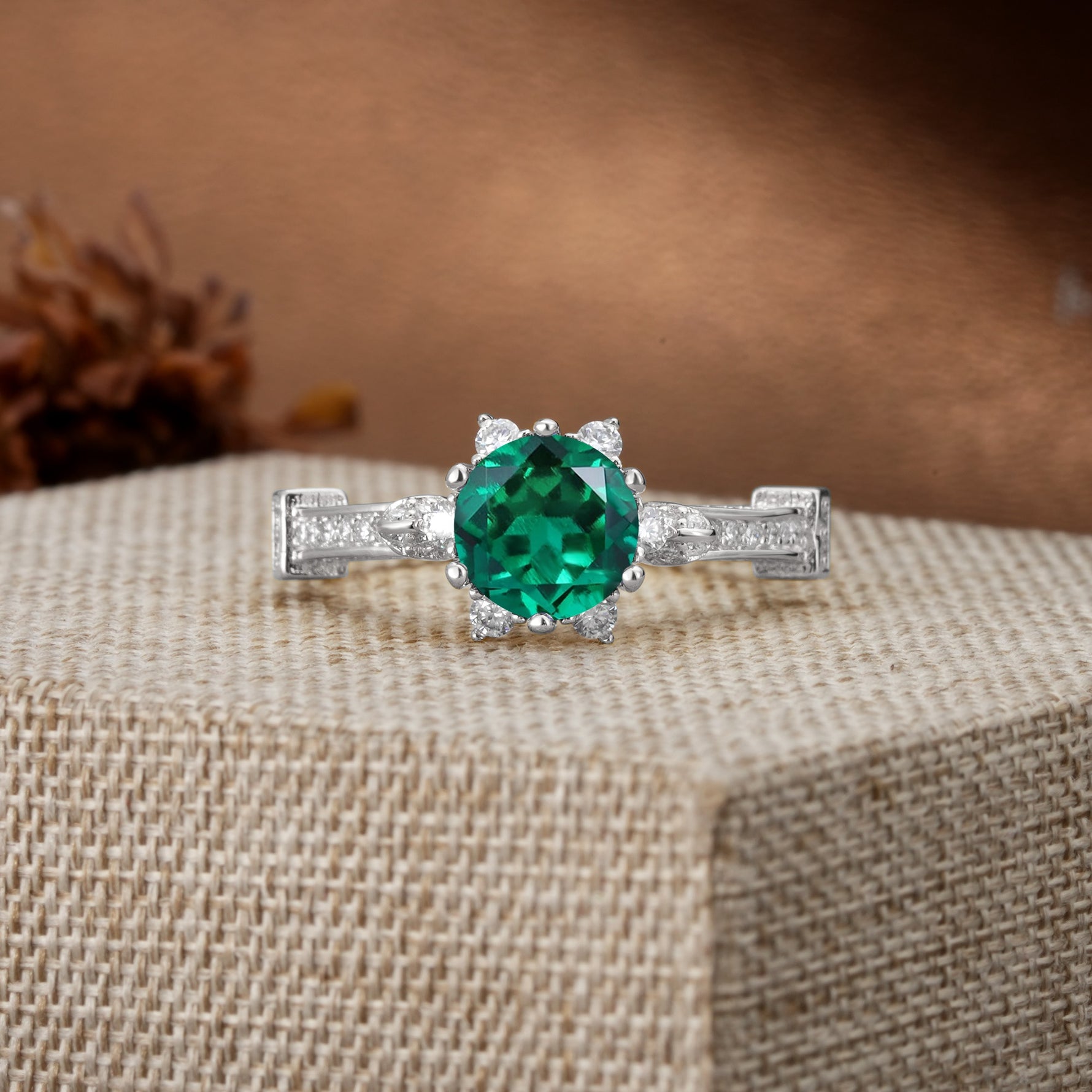 Unique, Classic, and Vintage Pavé 6-Prong Round Cut Emerald Engagement Ring - Additional view