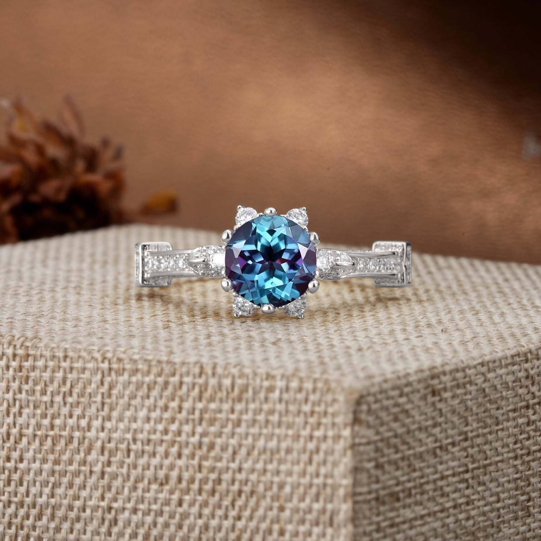 Unique, Classic, and Vintage Pavé 6-Prong Round Cut Alexandrite Engagement Ring - Additional view