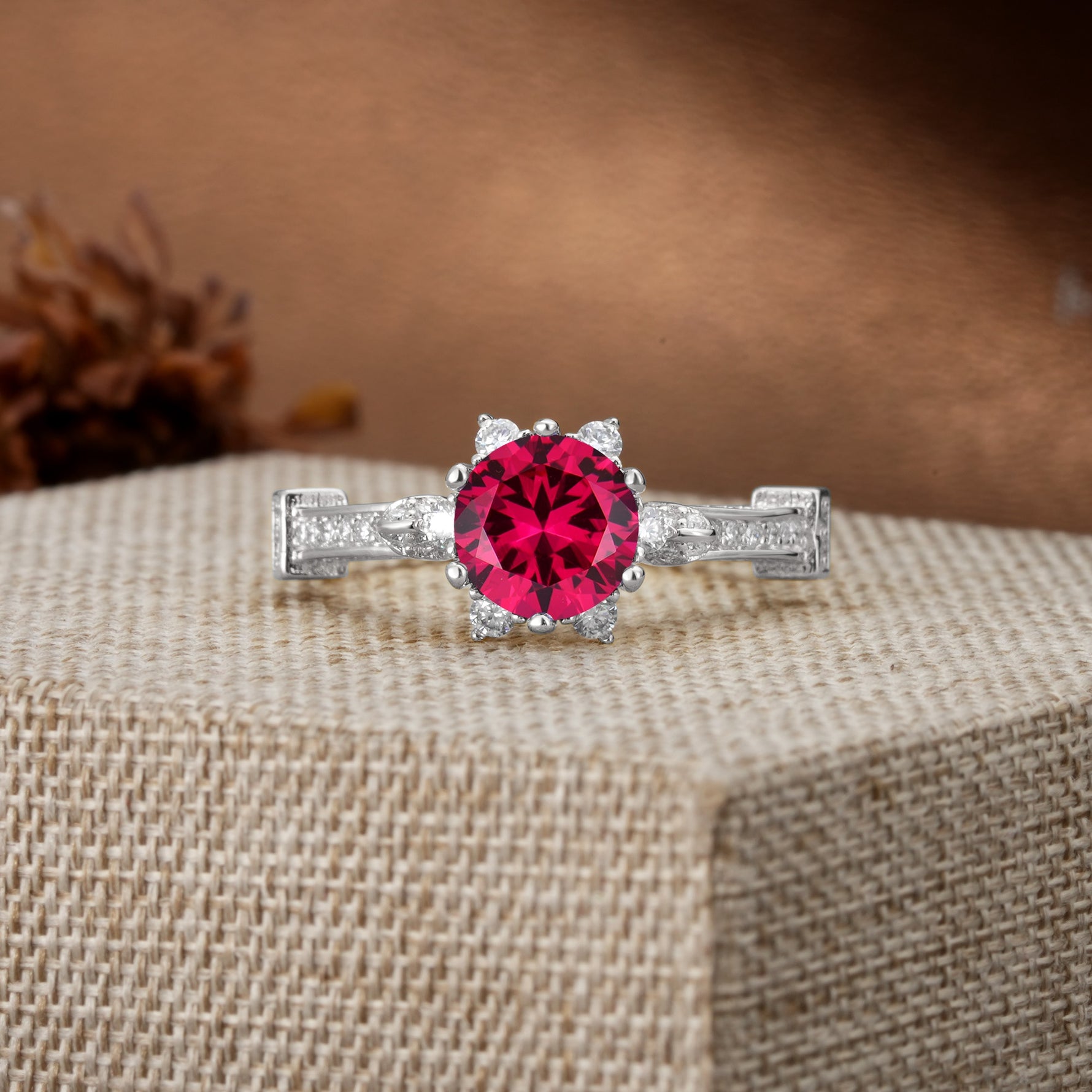 Unique, Classic, and Vintage Pavé 6-Prong Round Cut Ruby Engagement Ring - Additional view