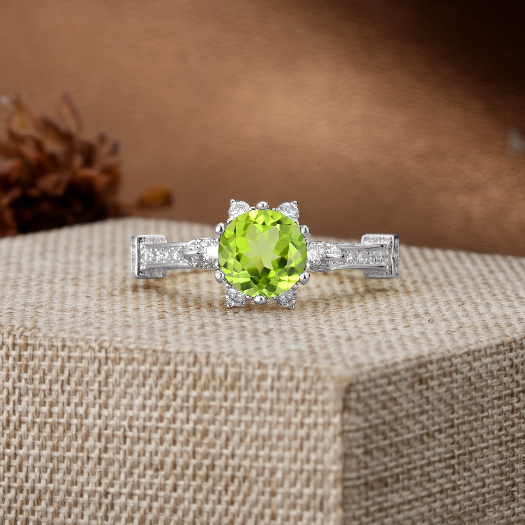 Unique, Classic, and Vintage Pavé 6-Prong Round Cut Peridot Engagement Ring - Additional view