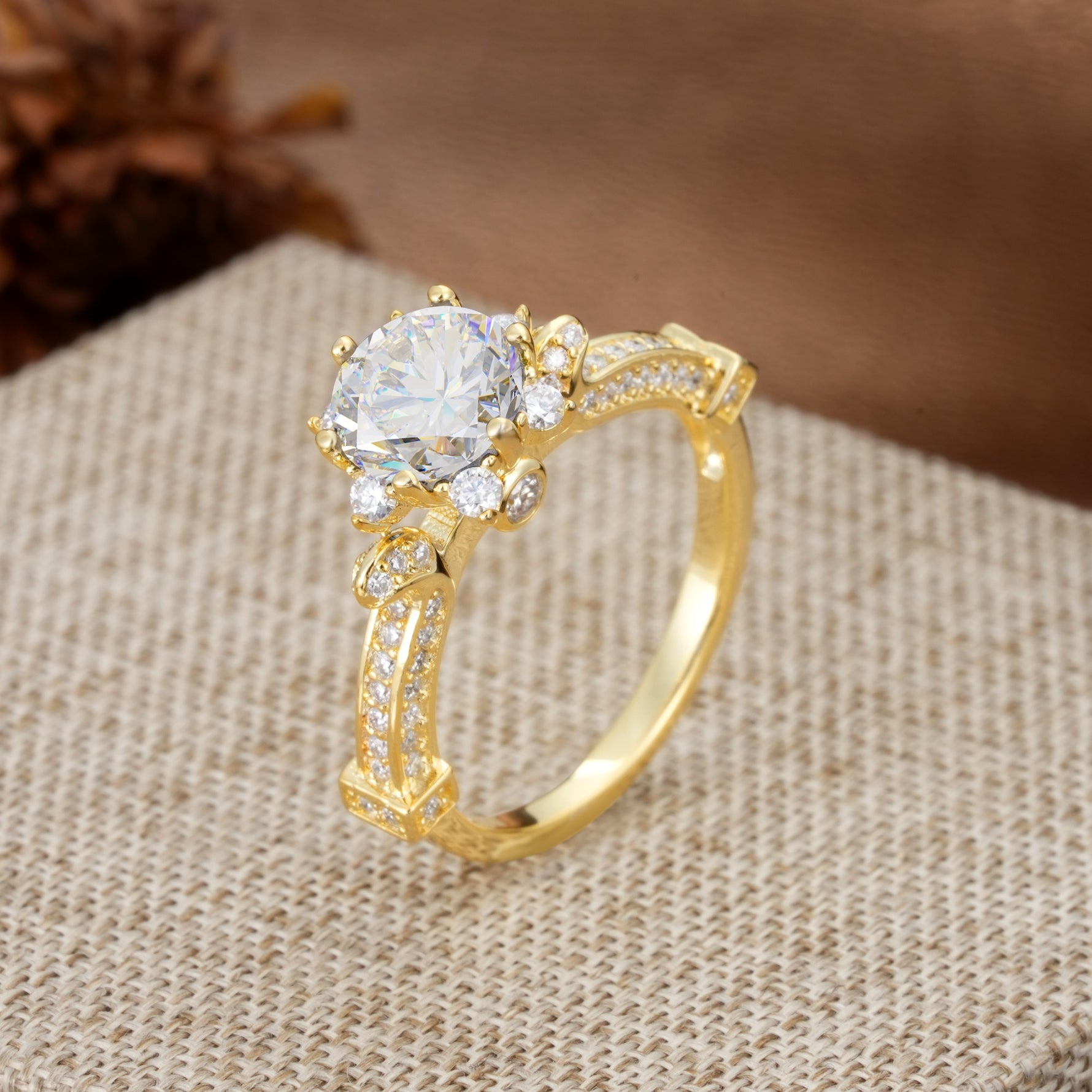 Unique, Classic, and Vintage Pavé 6-Prong Round Cut Moissanite Engagement Ring - Additional view