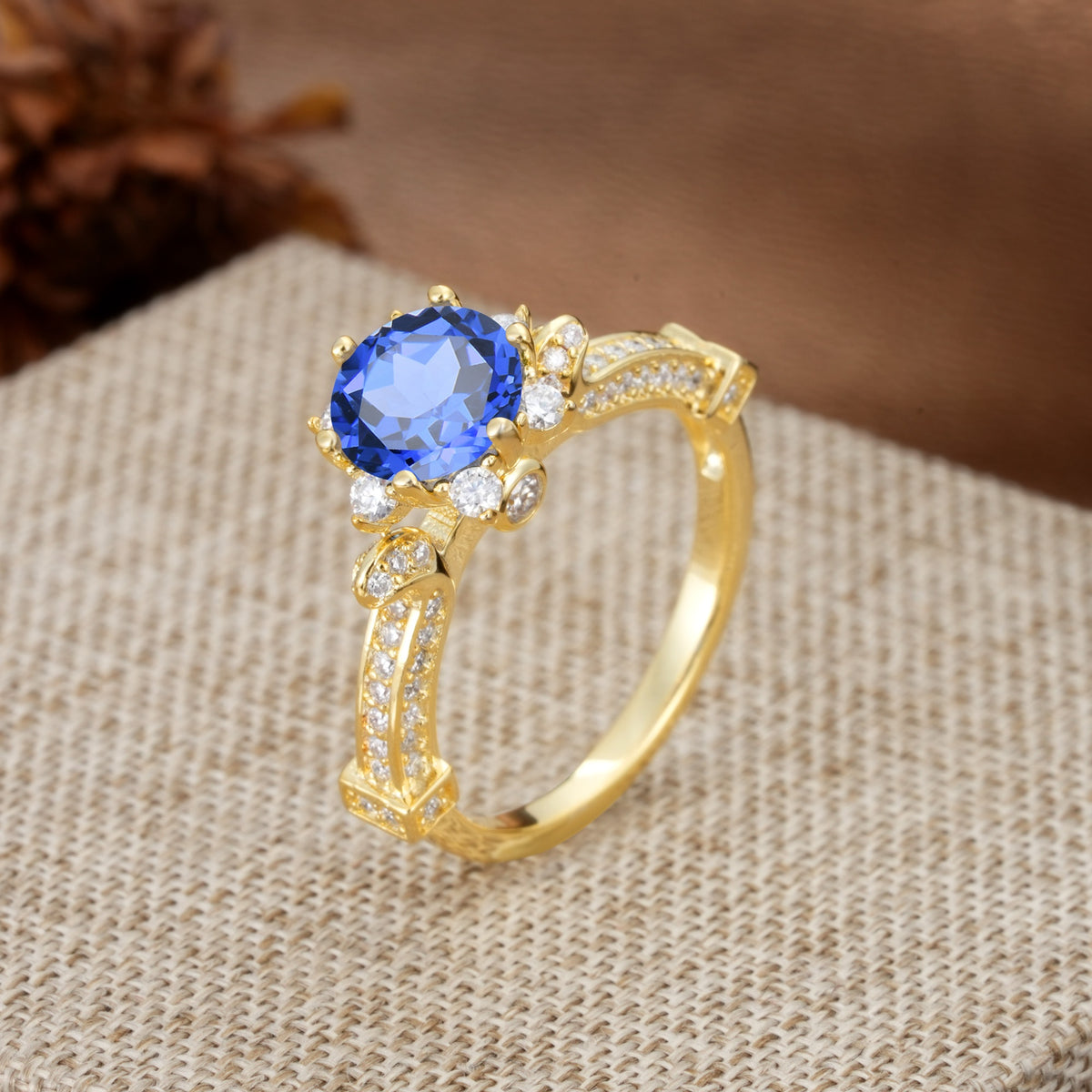 Unique, Classic, and Vintage Pavé 6-Prong Round Cut Sapphire Engagement Ring - Additional view