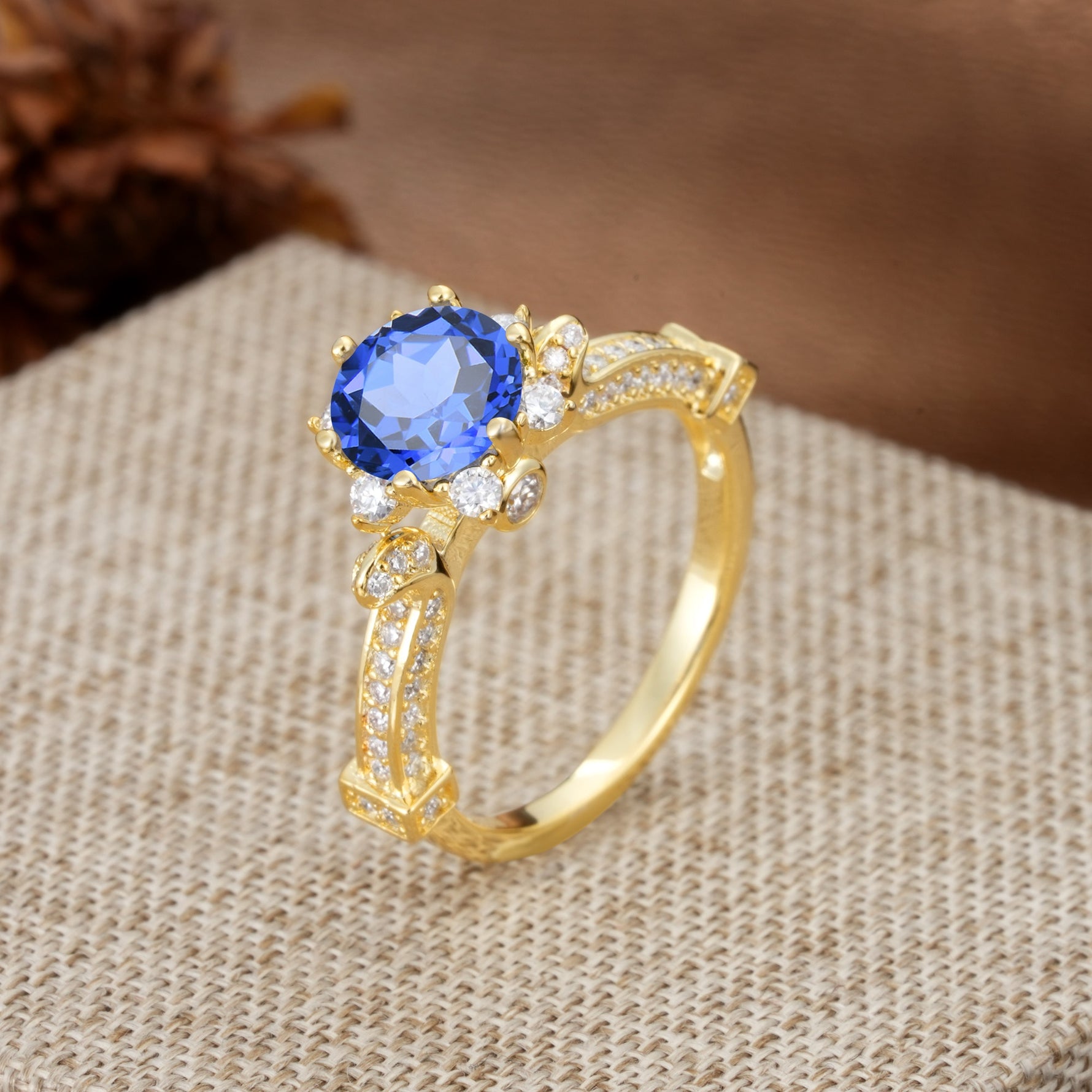 Unique, Classic, and Vintage Pavé 6-Prong Round Cut Sapphire Engagement Ring - Additional view