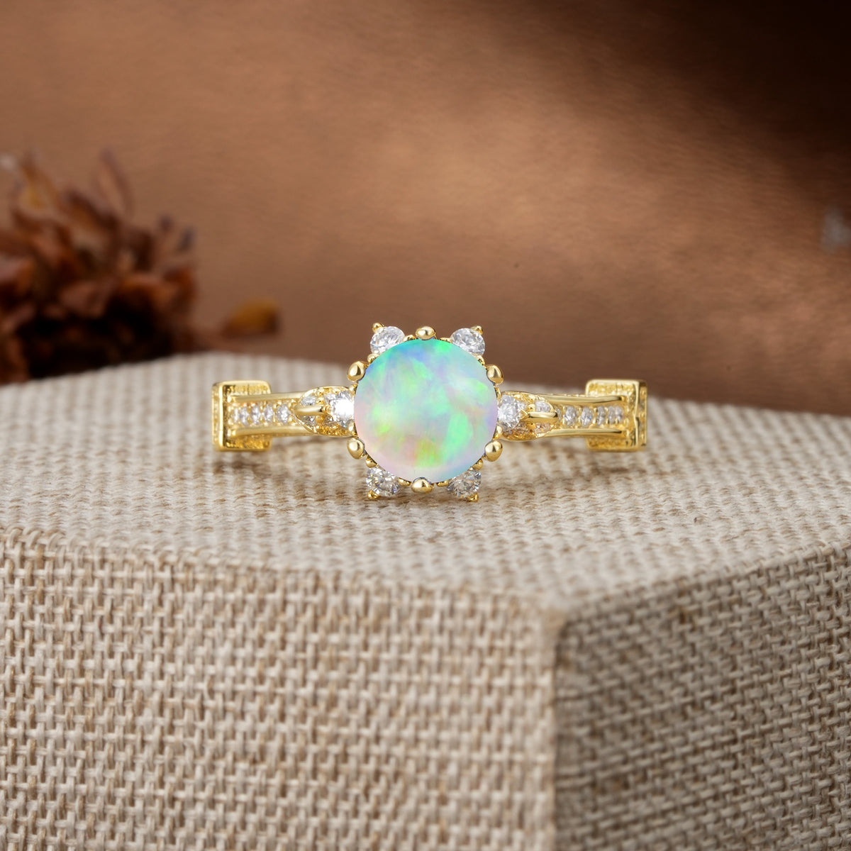 Unique, Classic, and Vintage Pavé 6-Prong Round Cut Fire Opal Engagement Ring - Additional view