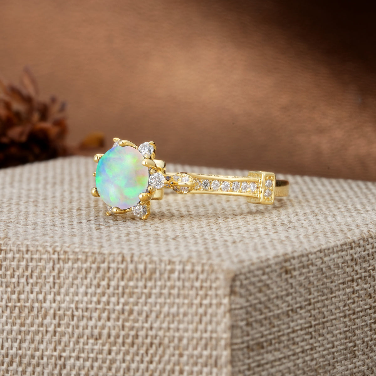 Unique, Classic, and Vintage Pavé 6-Prong Round Cut Fire Opal Engagement Ring - Additional view