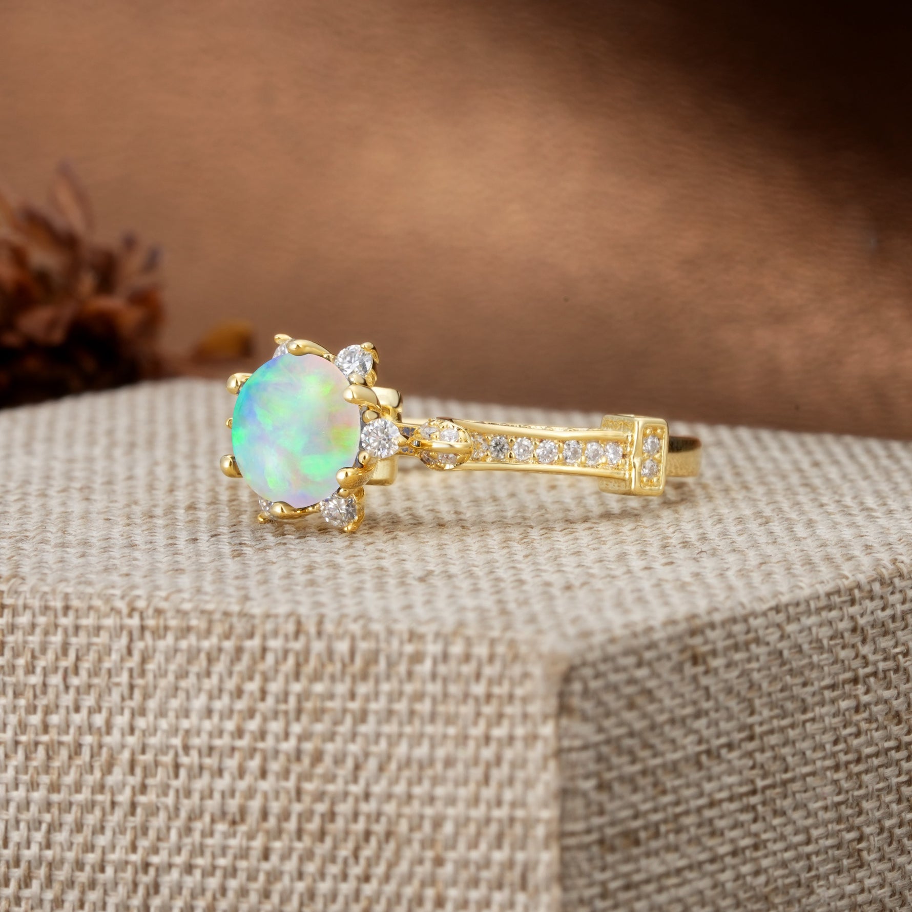 Unique, Classic, and Vintage Pavé 6-Prong Round Cut Fire Opal Engagement Ring - Additional view