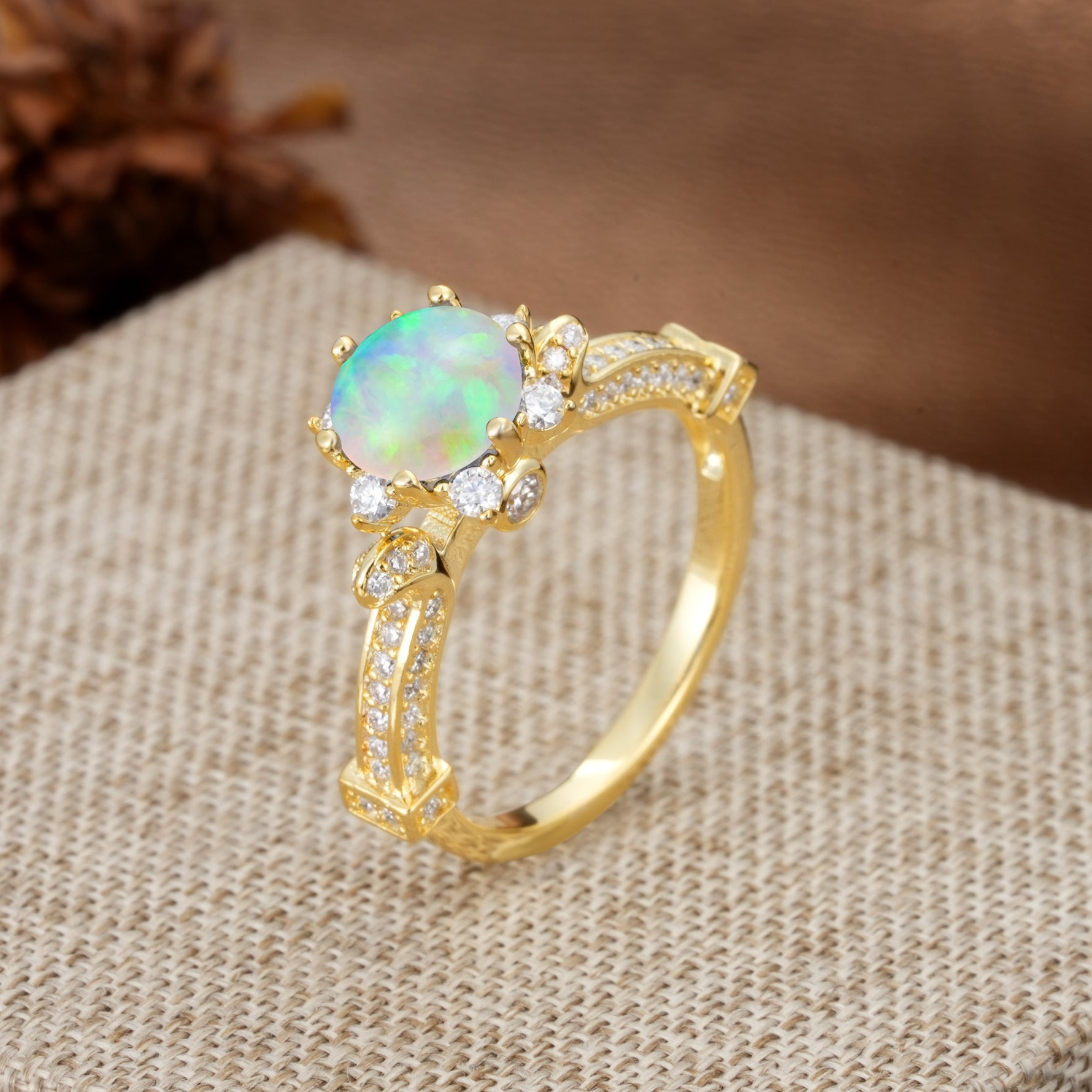 Unique, Classic, and Vintage Pavé 6-Prong Round Cut Fire Opal Engagement Ring - Additional view