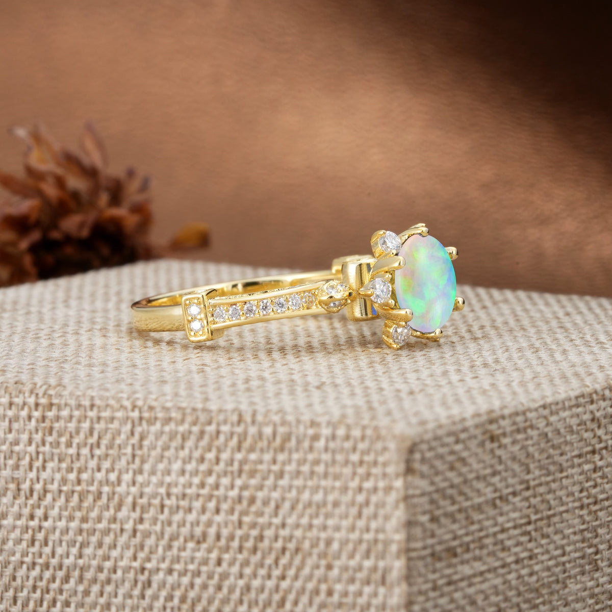 Unique, Classic, and Vintage Pavé 6-Prong Round Cut Fire Opal Engagement Ring - Additional view