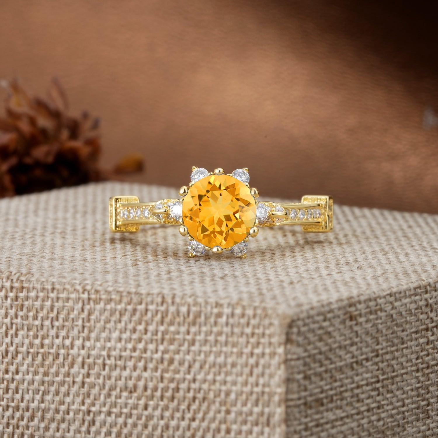 Unique, Classic, and Vintage Pavé 6-Prong Round Cut Citrine Engagement Ring - Additional view