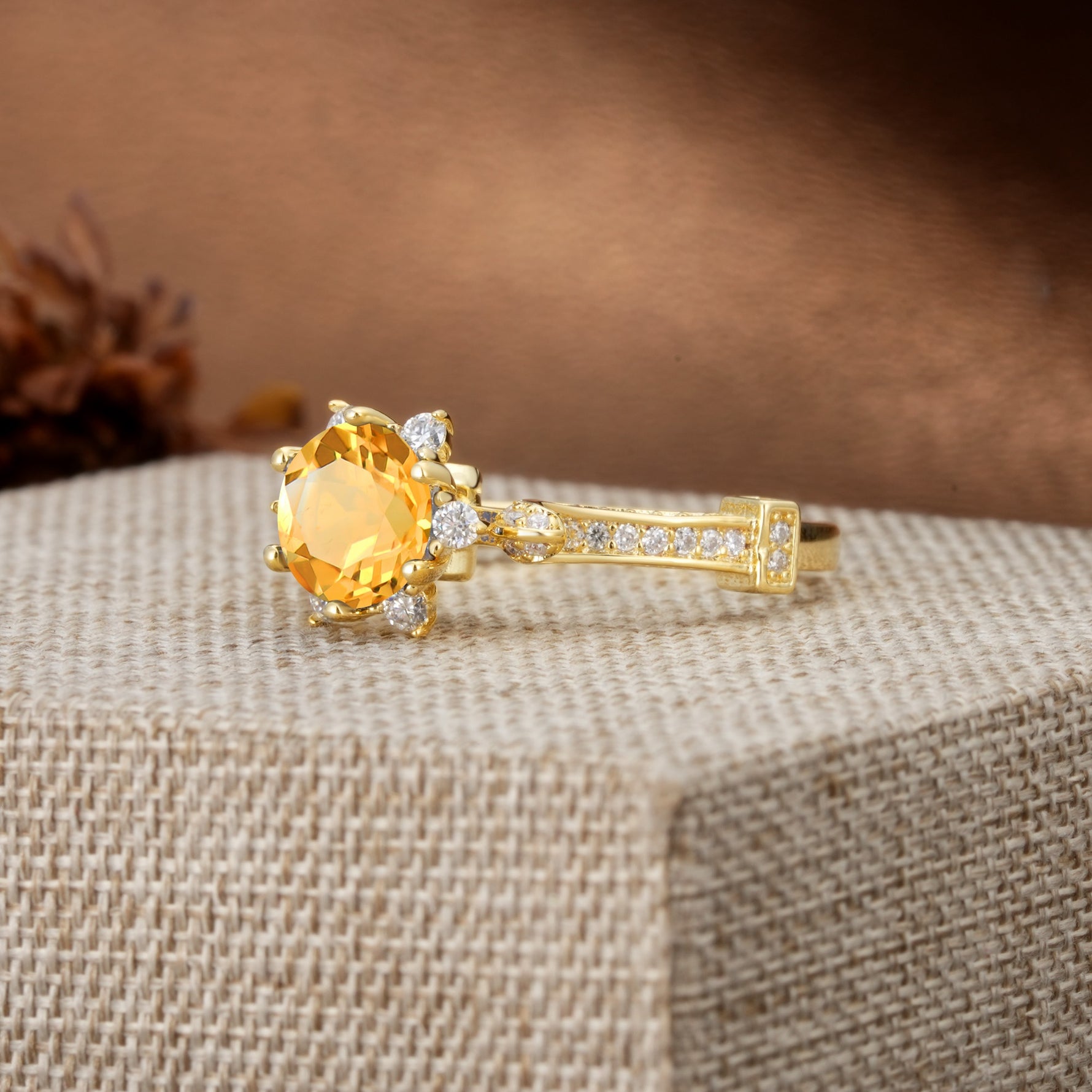 Unique, Classic, and Vintage Pavé 6-Prong Round Cut Citrine Engagement Ring - Additional view