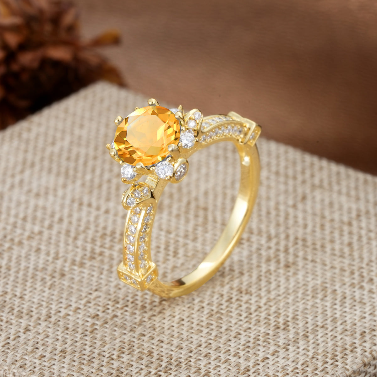 Unique, Classic, and Vintage Pavé 6-Prong Round Cut Citrine Engagement Ring - Additional view