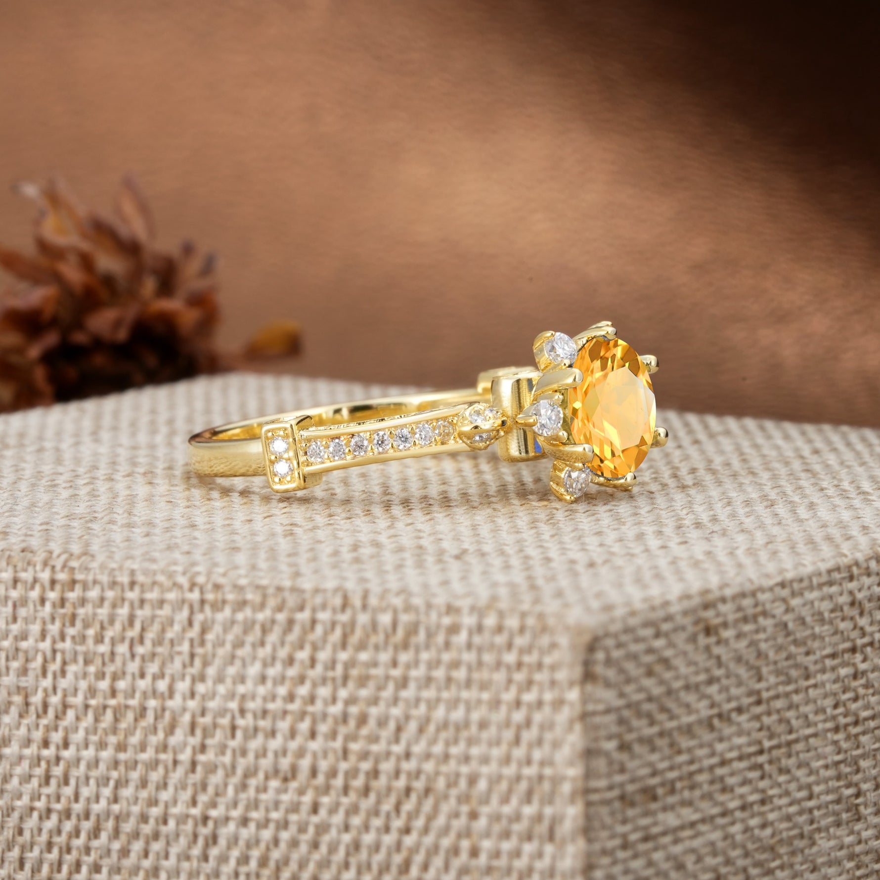 Unique, Classic, and Vintage Pavé 6-Prong Round Cut Citrine Engagement Ring - Additional view