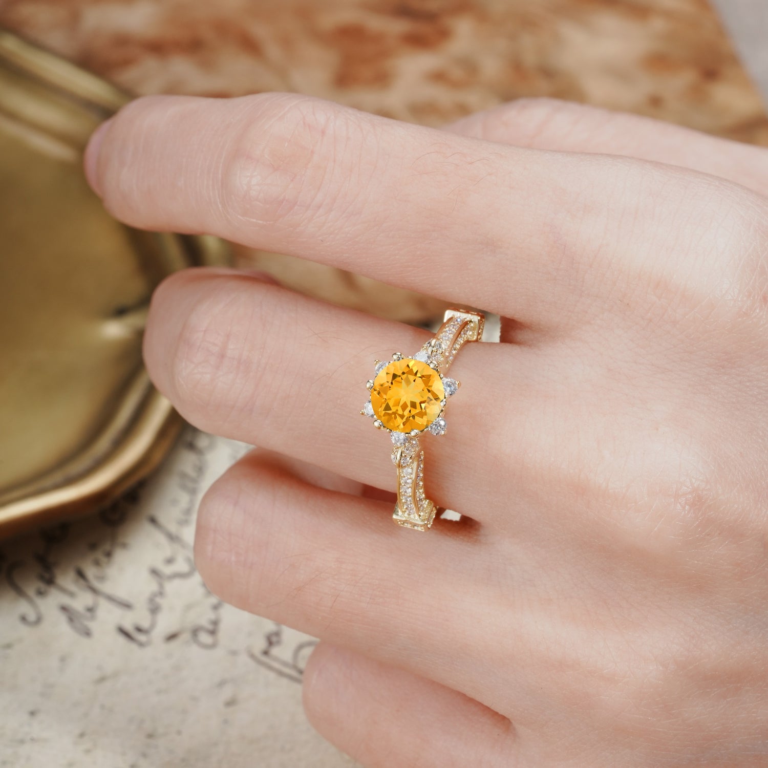 Unique, Classic, and Vintage Pavé 6-Prong Round Cut Citrine Engagement Ring - Additional view