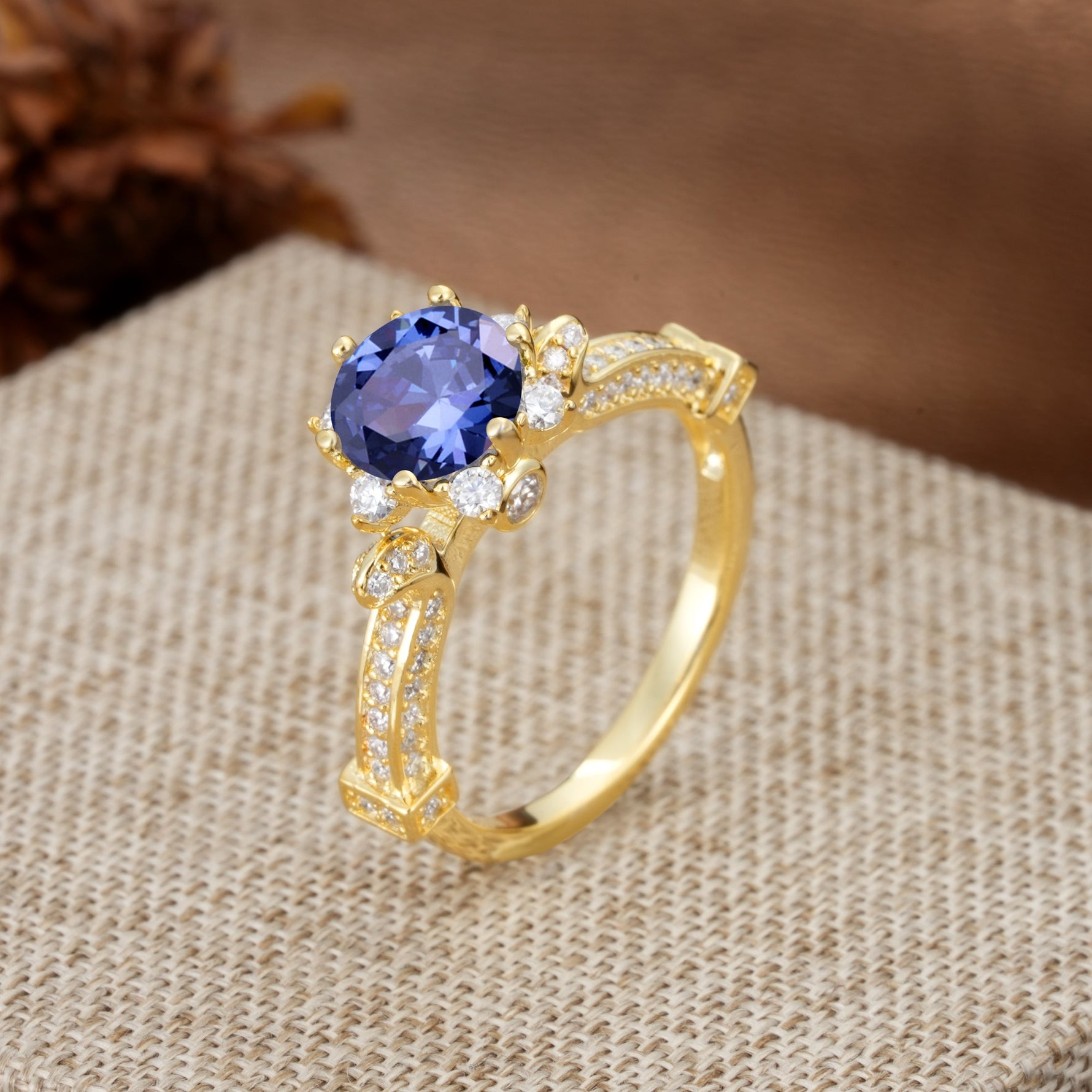 Unique, Classic, and Vintage Pavé 6-Prong Round Cut Tanzanite Engagement Ring - Additional view