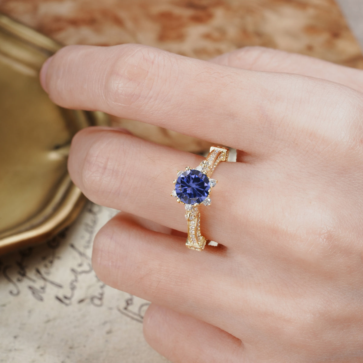 Unique, Classic, and Vintage Pavé 6-Prong Round Cut Tanzanite Engagement Ring - Additional view