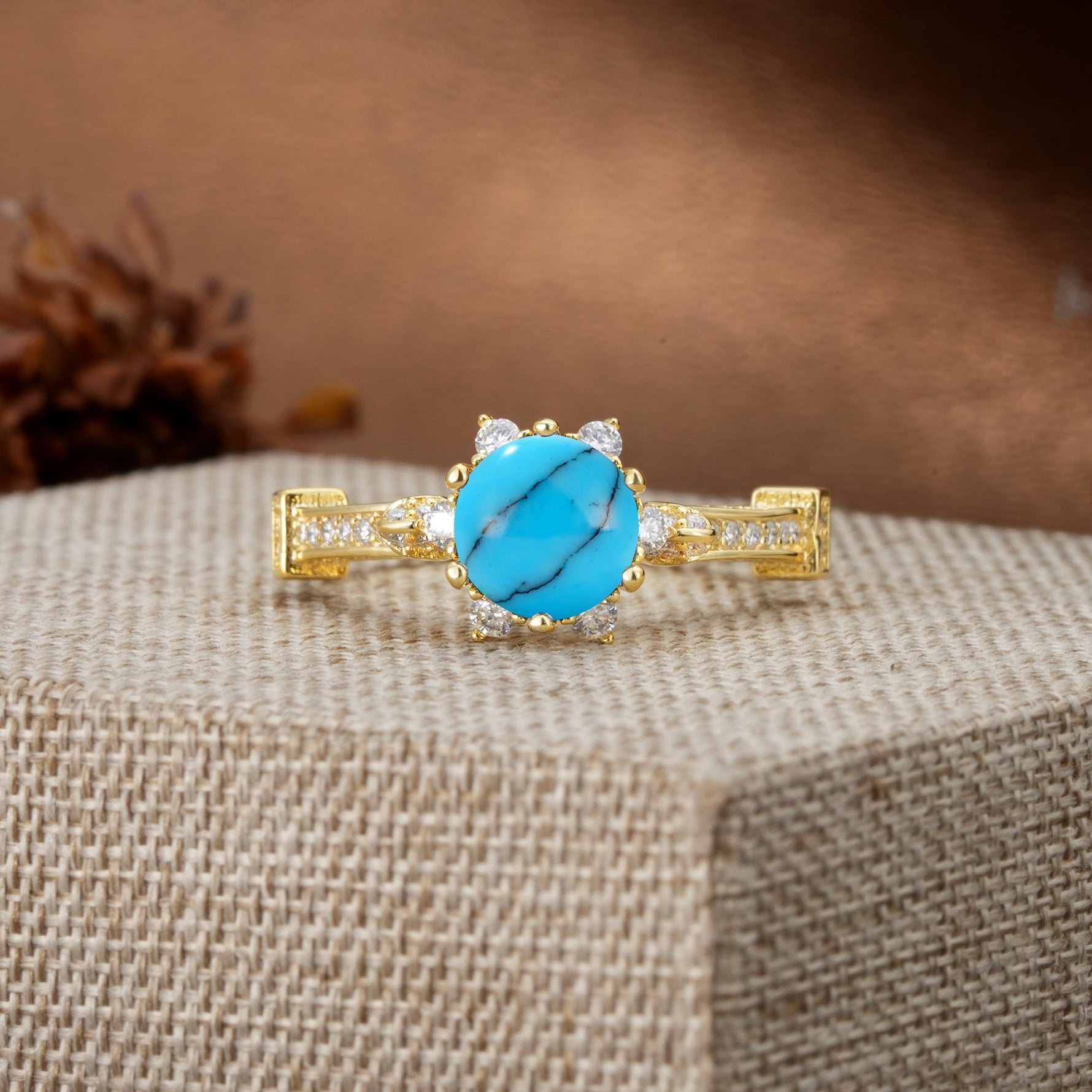 Unique, Classic, and Vintage Pavé 6-Prong Round Cut Turquoise Engagement Ring - Additional view