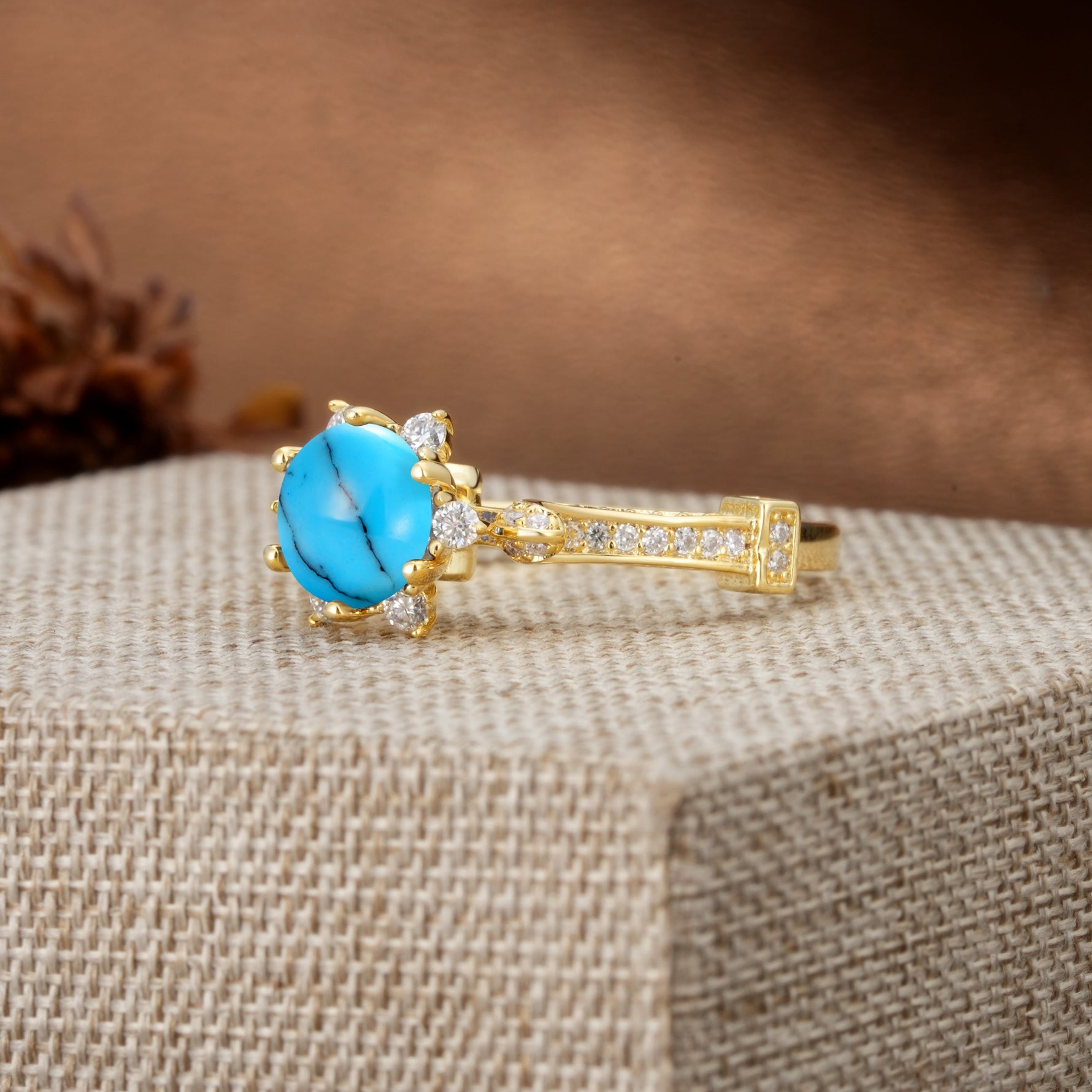 Unique, Classic, and Vintage Pavé 6-Prong Round Cut Turquoise Engagement Ring - Additional view