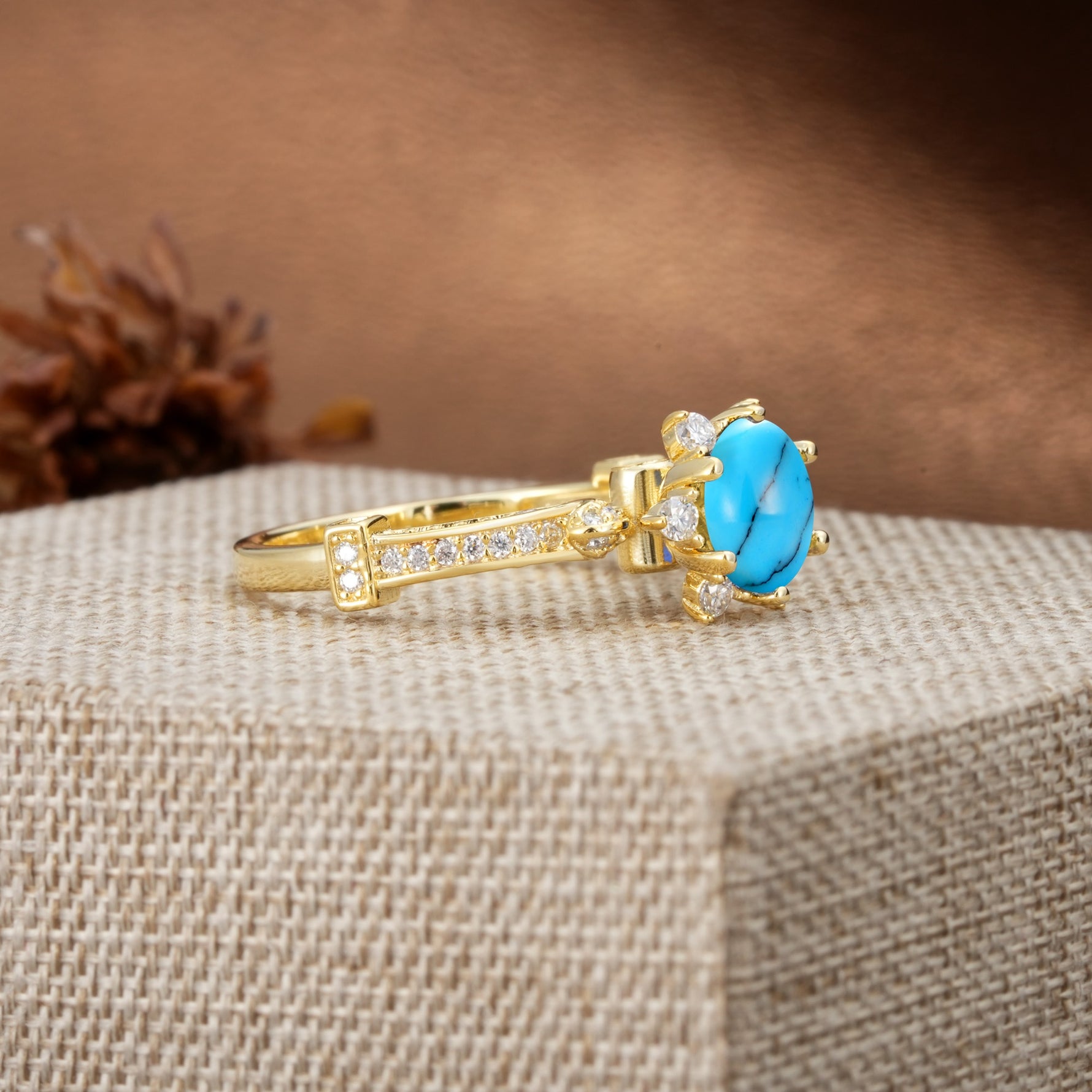 Unique, Classic, and Vintage Pavé 6-Prong Round Cut Turquoise Engagement Ring - Additional view