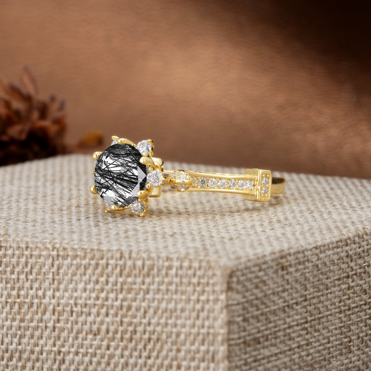 Unique, Classic, and Vintage Pavé 6-Prong Round Cut Black Rutilated Quartz Engagement Ring - Additional view