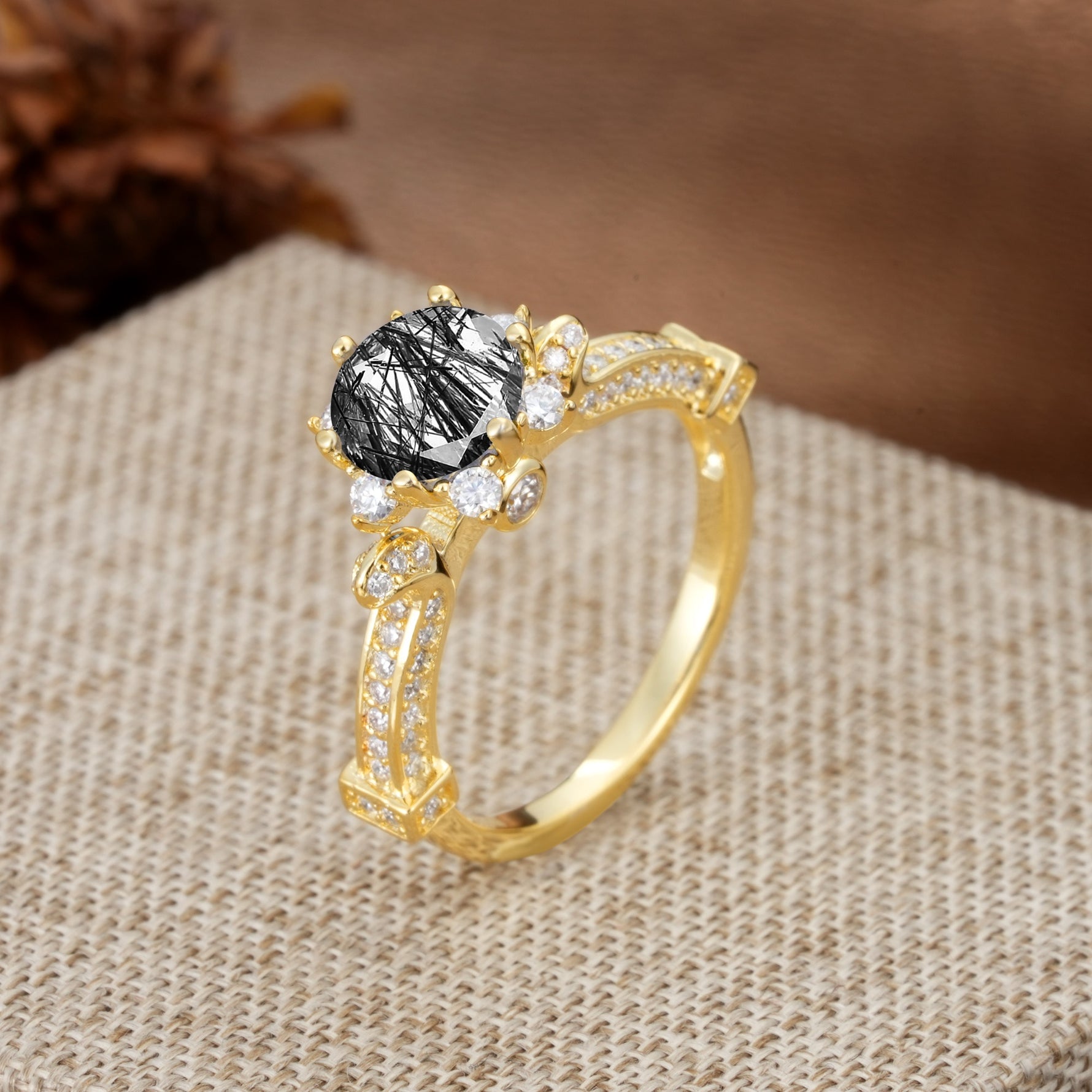 Unique, Classic, and Vintage Pavé 6-Prong Round Cut Black Rutilated Quartz Engagement Ring - Additional view