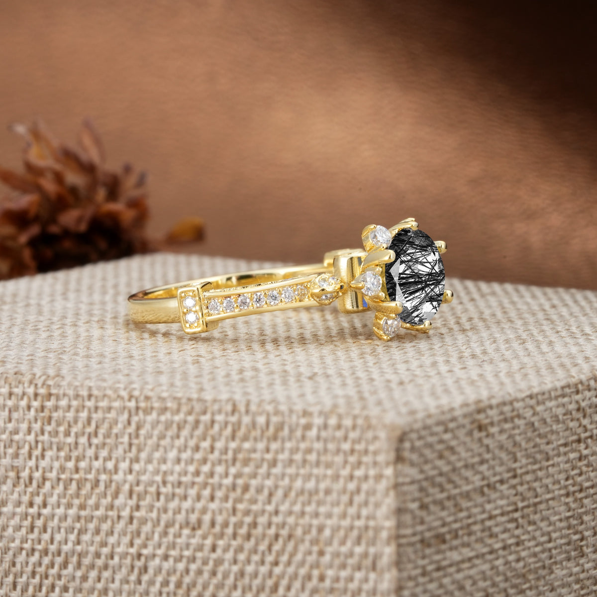 Unique, Classic, and Vintage Pavé 6-Prong Round Cut Black Rutilated Quartz Engagement Ring - Additional view