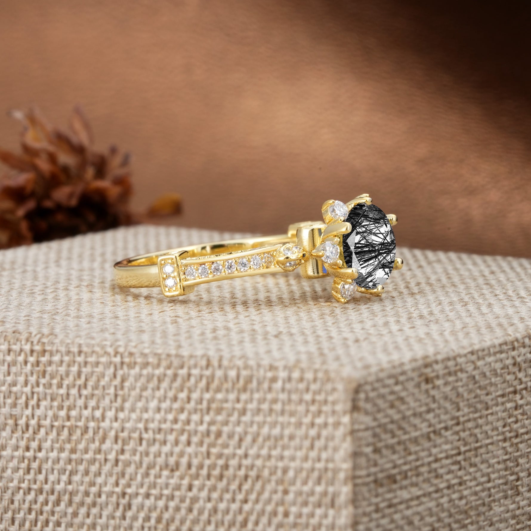 Unique, Classic, and Vintage Pavé 6-Prong Round Cut Black Rutilated Quartz Engagement Ring - Additional view
