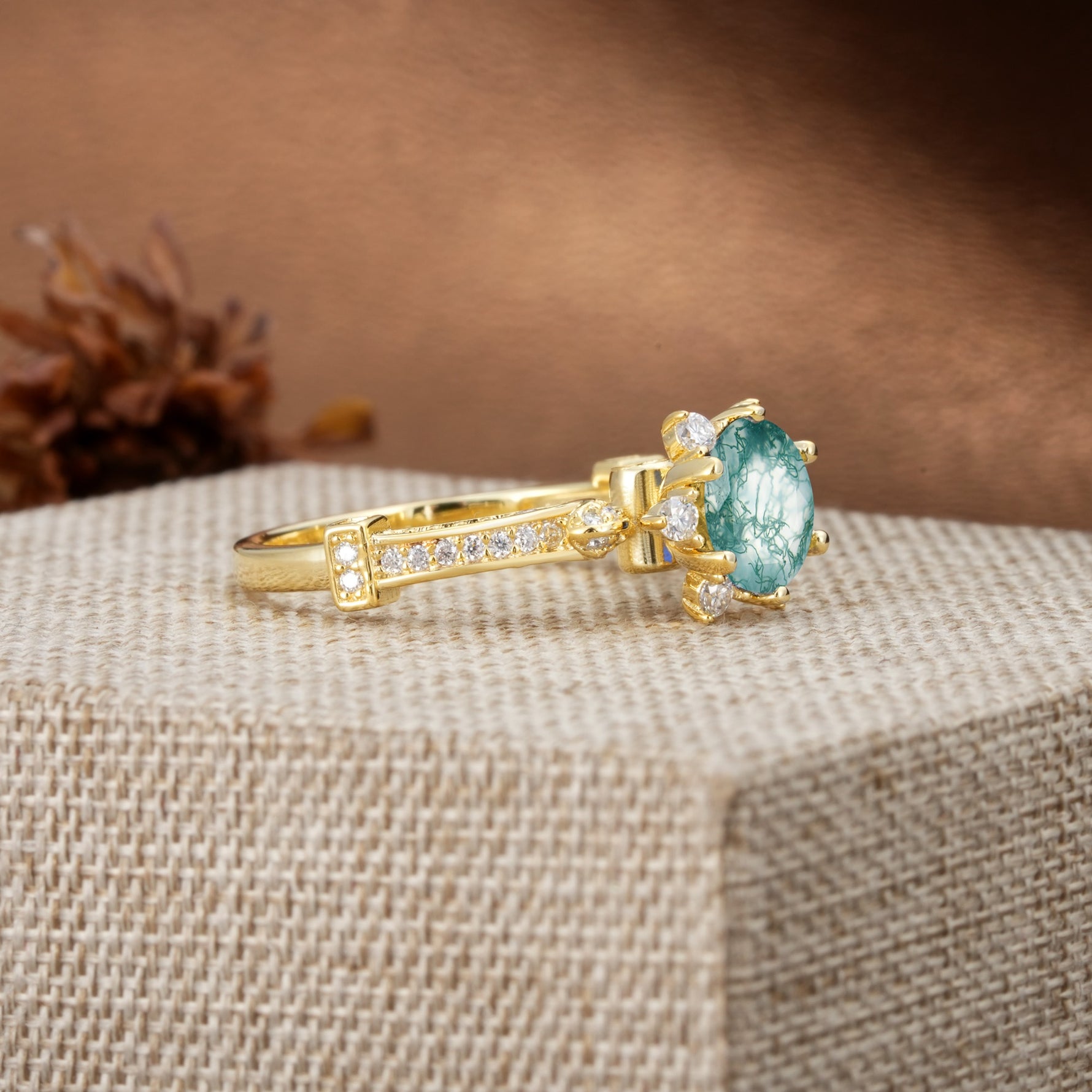 Unique, Classic, and Vintage Pavé 6-Prong Round Cut Moss Agate Engagement Ring - Additional view