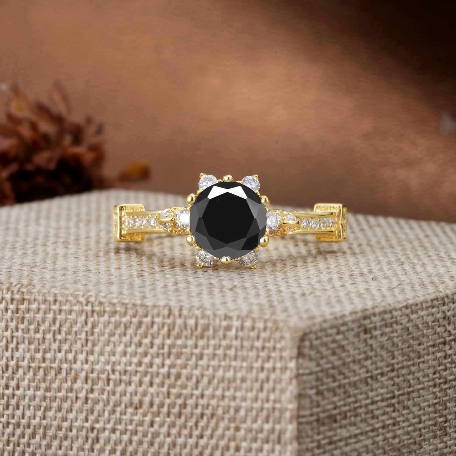 Unique, Classic, and Vintage Pavé 6-Prong Round Cut Black Onyx Engagement Ring - Additional view