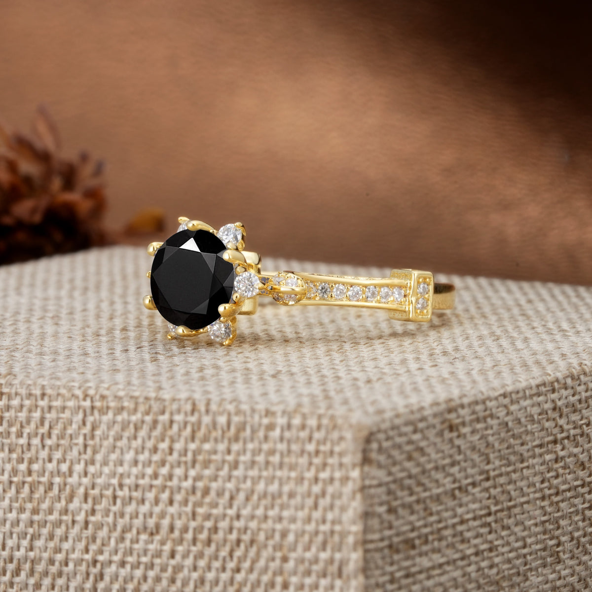 Unique, Classic, and Vintage Pavé 6-Prong Round Cut Black Onyx Engagement Ring - Additional view