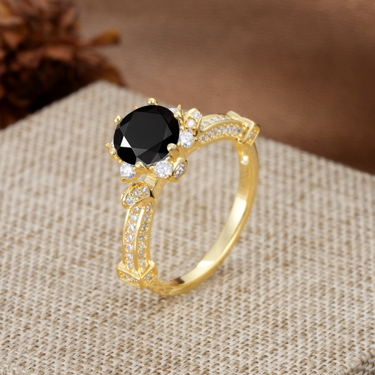 Unique, Classic, and Vintage Pavé 6-Prong Round Cut Black Onyx Engagement Ring - Additional view