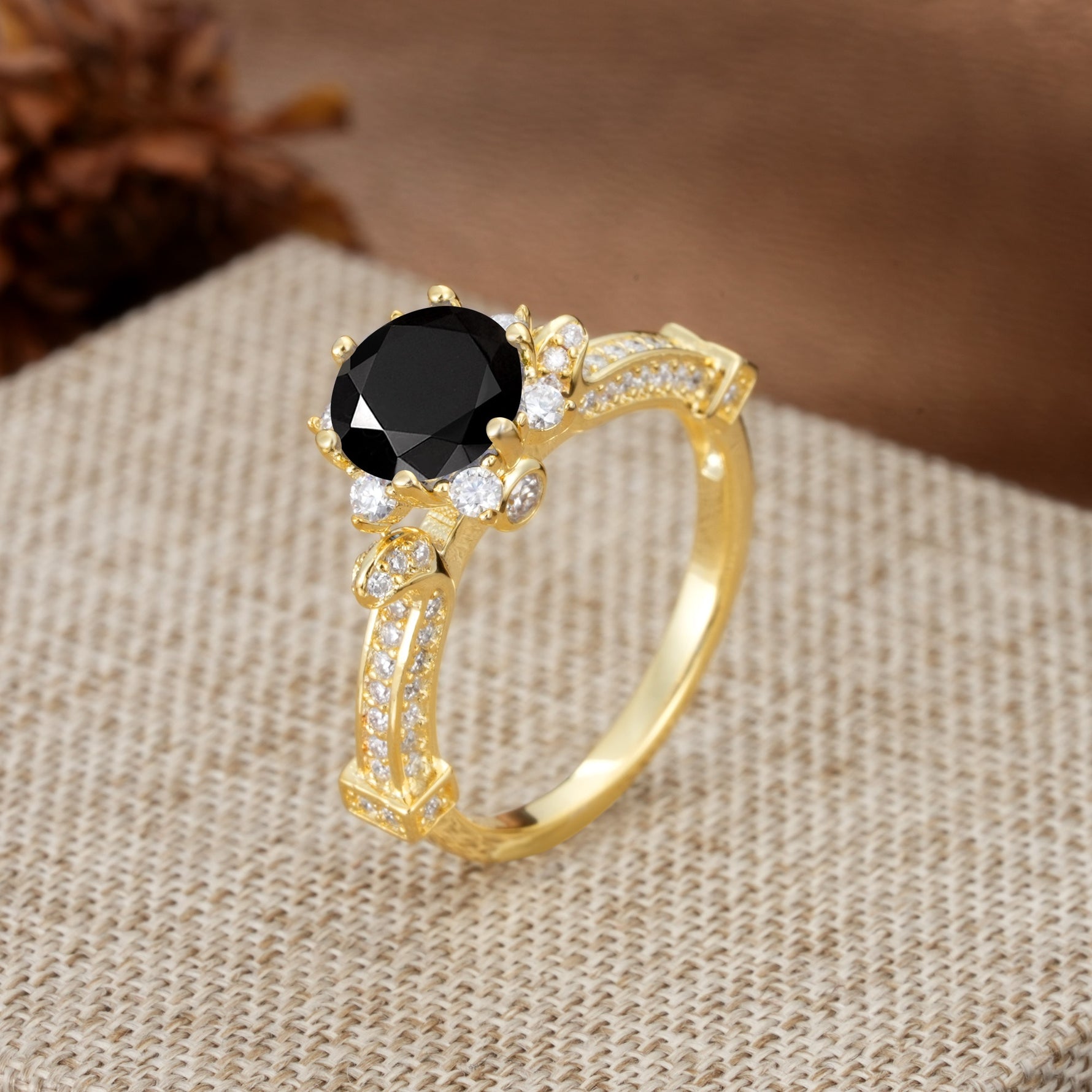 Unique, Classic, and Vintage Pavé 6-Prong Round Cut Black Onyx Engagement Ring - Additional view