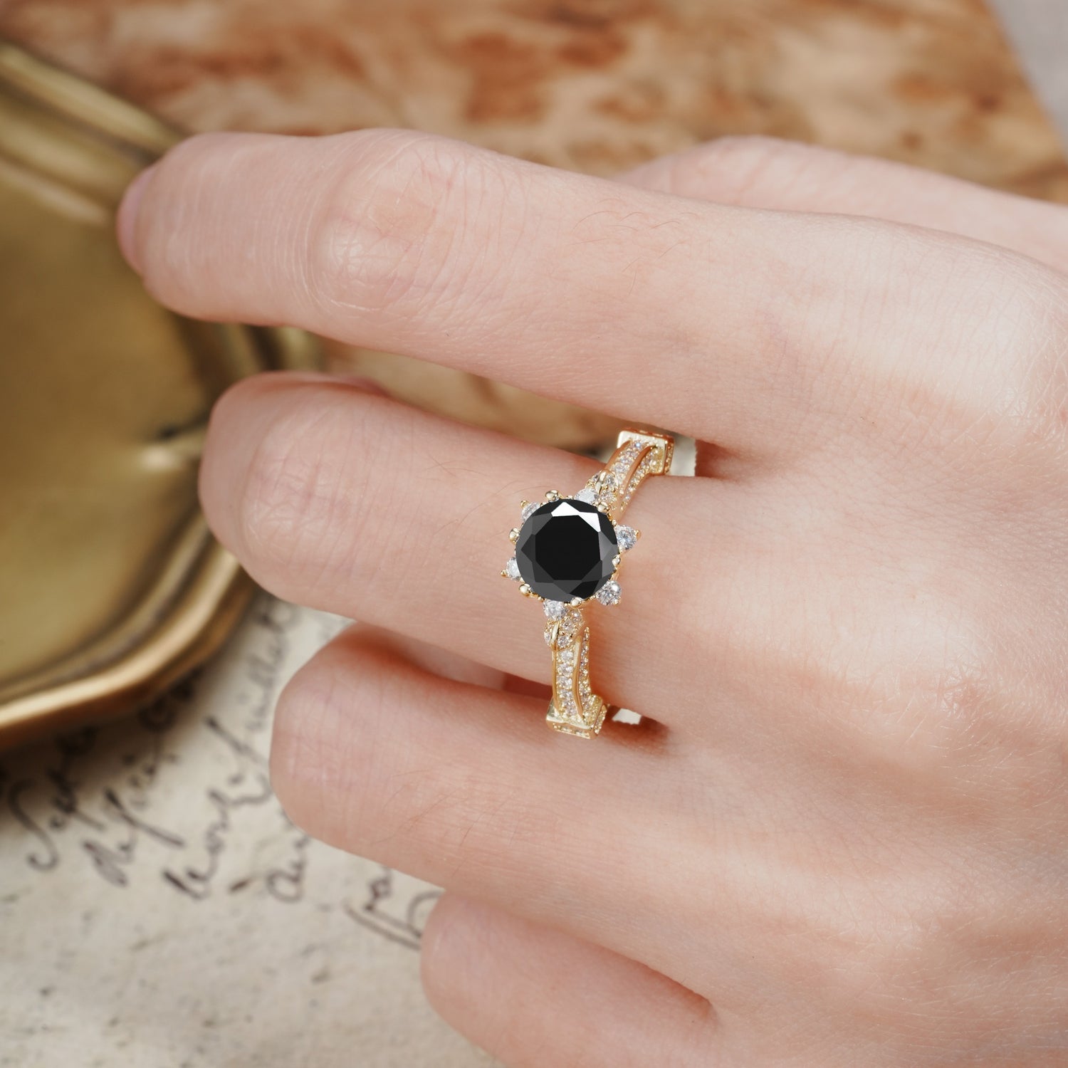 Unique, Classic, and Vintage Pavé 6-Prong Round Cut Black Onyx Engagement Ring - Additional view